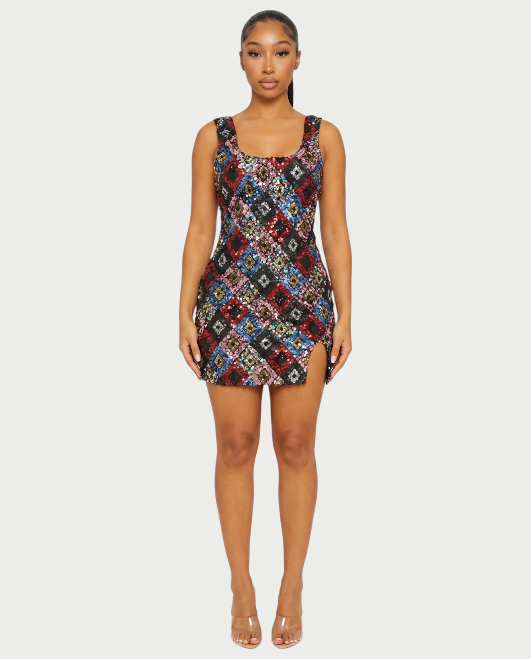 LAVINA Dark blue Sequin Diamond Bodycon Mini Dress