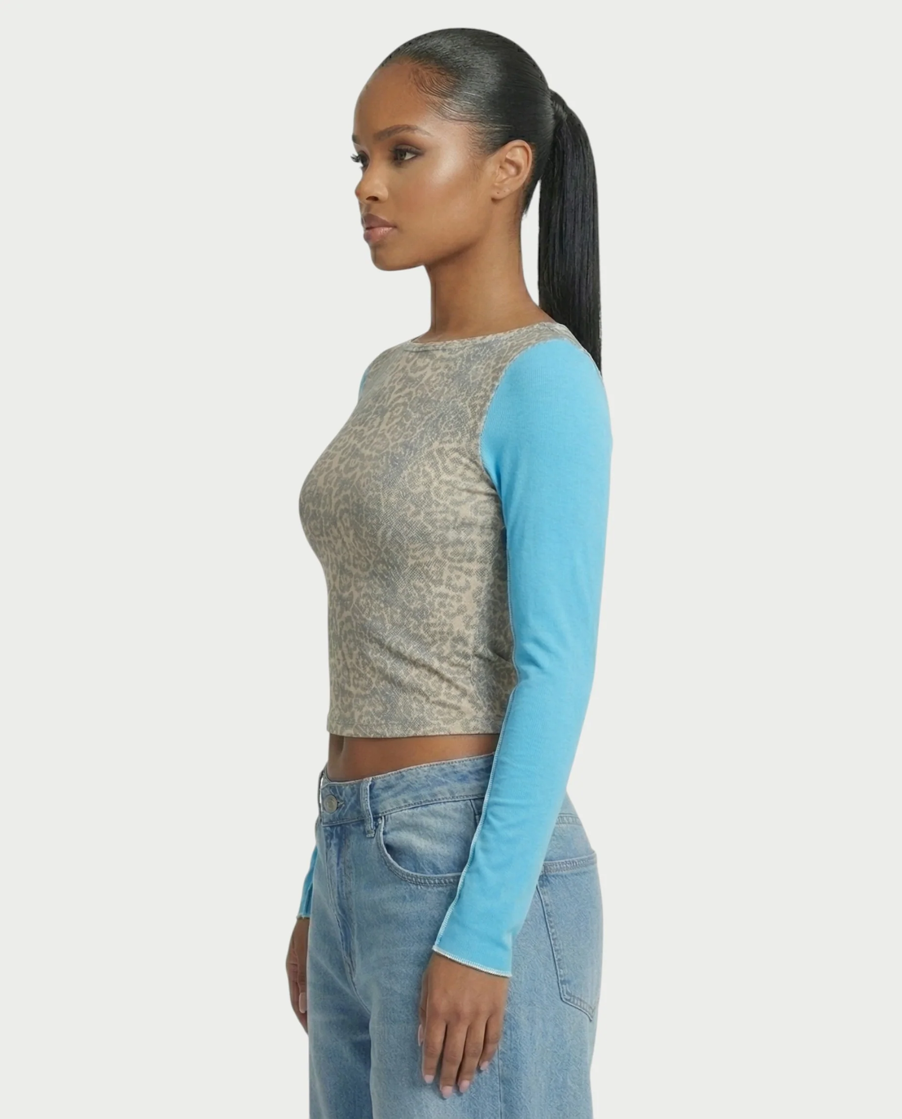 LENCIA Cotton Leopard Print Contrast Sleeve Top - Image 3