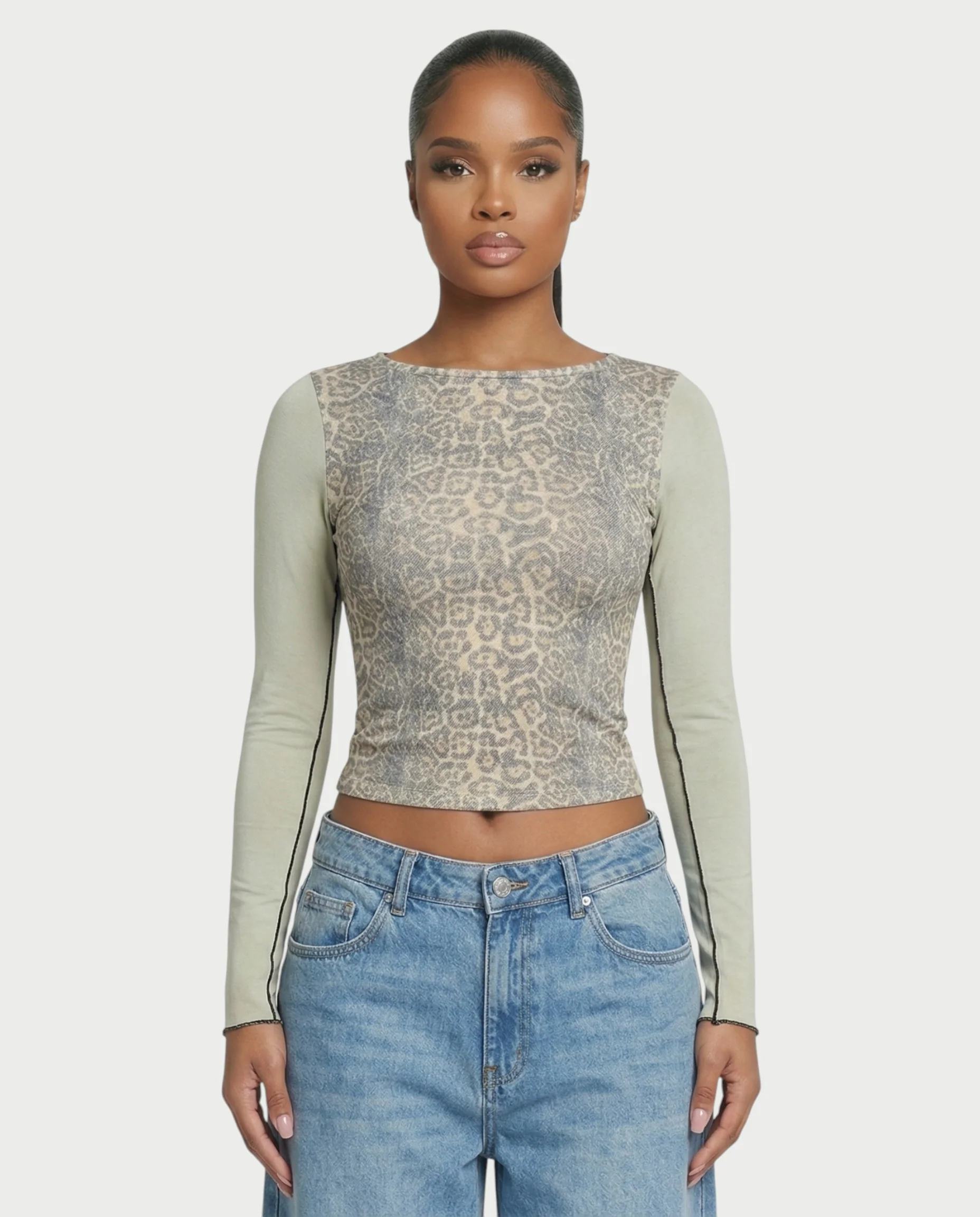 LENCIA Cotton Leopard Print Contrast Sleeve Top - Image 5