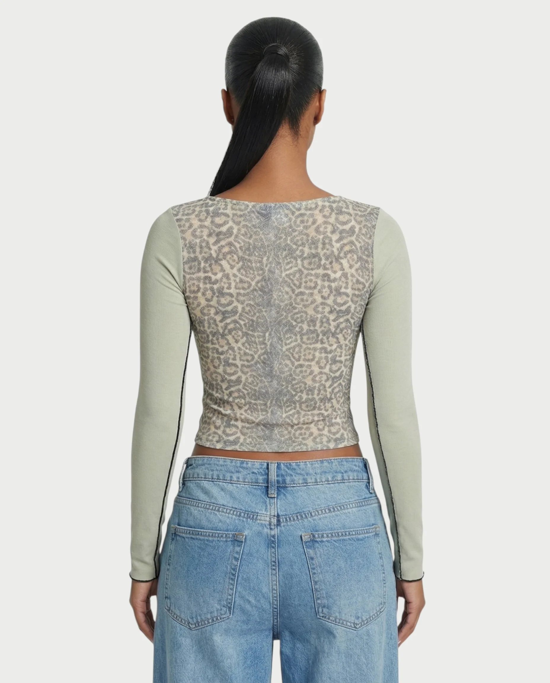LENCIA Cotton Leopard Print Contrast Sleeve Top - Image 6