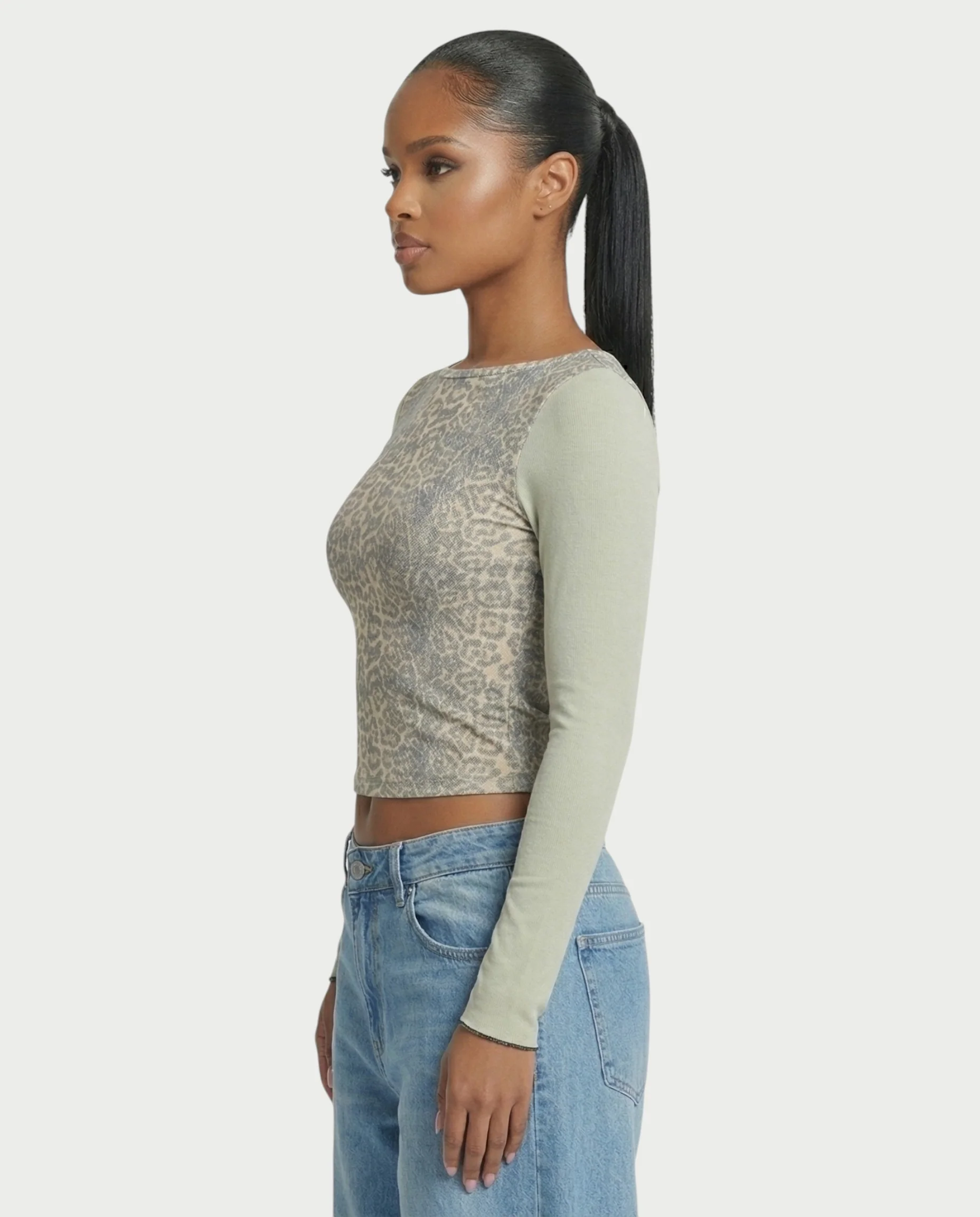 LENCIA Cotton Leopard Print Contrast Sleeve Top - Image 7