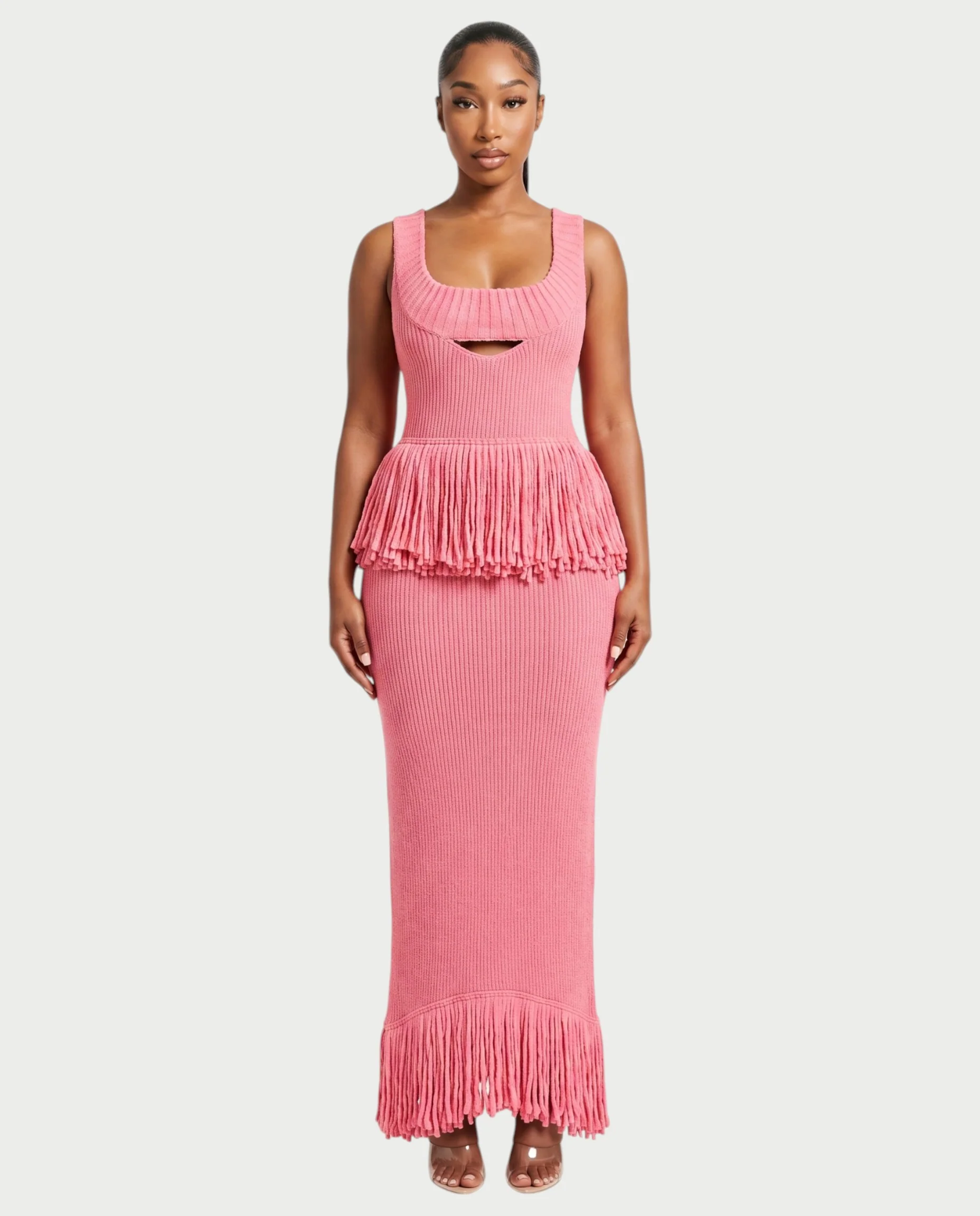 LENYA Ribbed Knit Peplum Fringe Maxi Dress