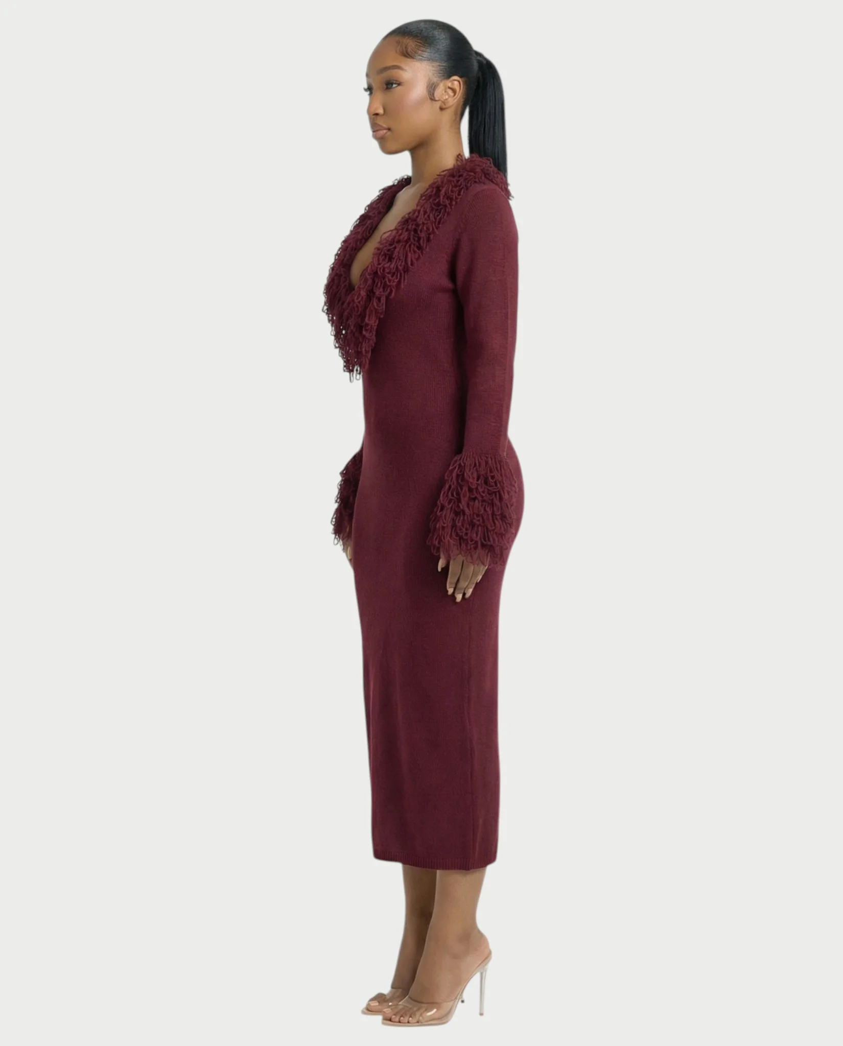 LIRRA Deep-Plunge Fringe Trim Midi Dress - Image 3