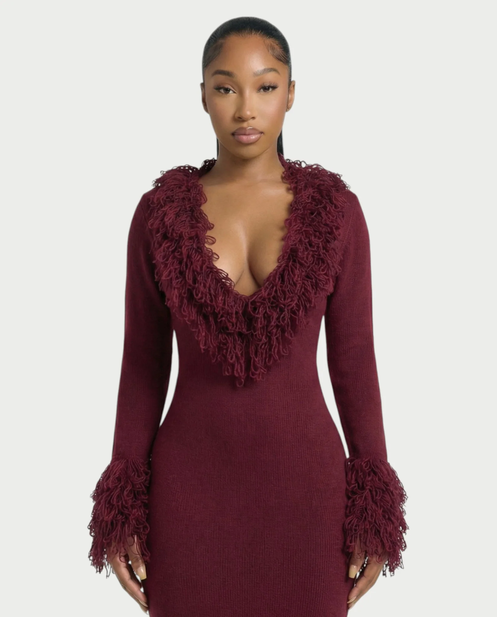 LIRRA Deep-Plunge Fringe Trim Midi Dress - Image 4