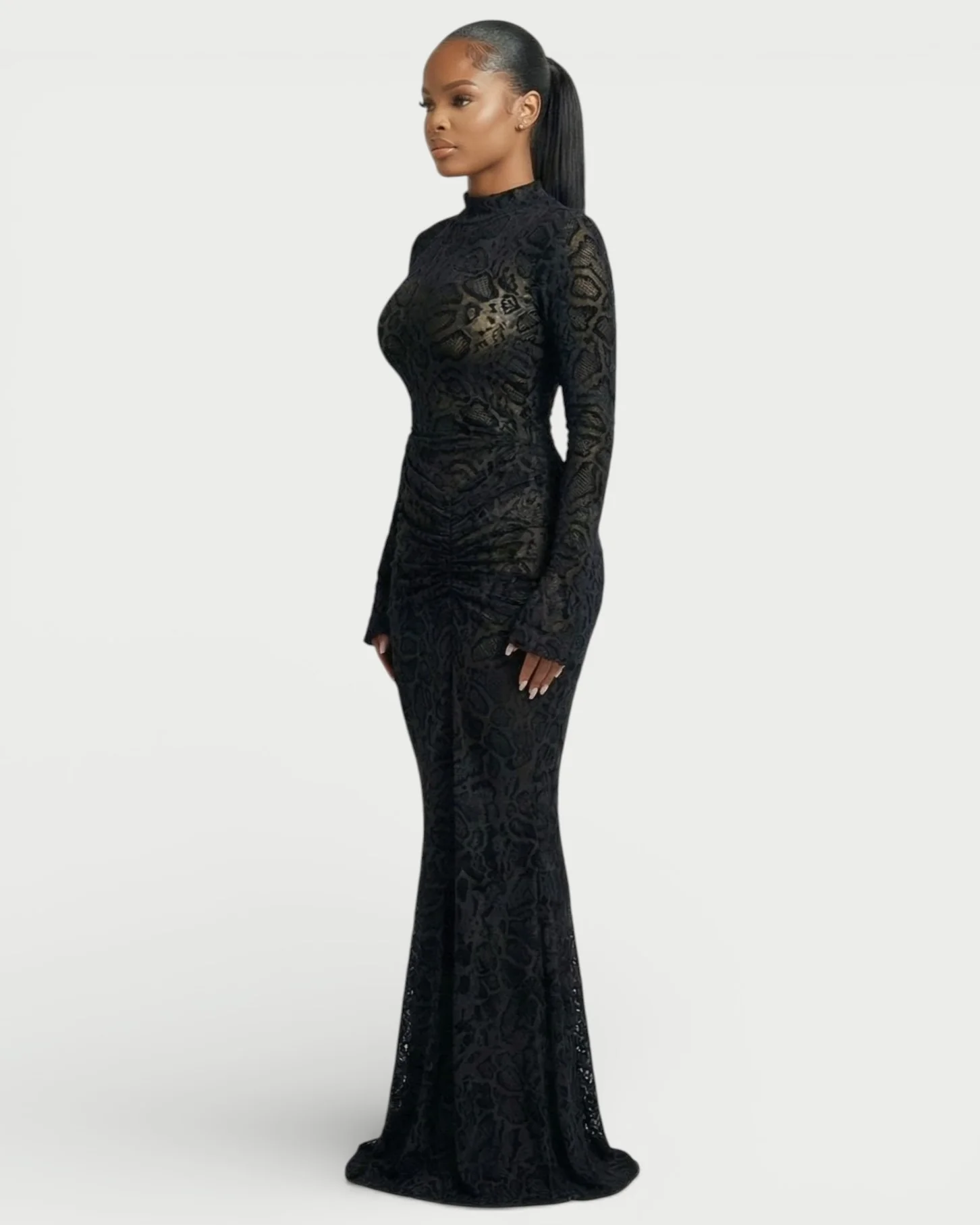 LIYANA Lace Ruched Bell Sleeve Maxi Dress - Image 3
