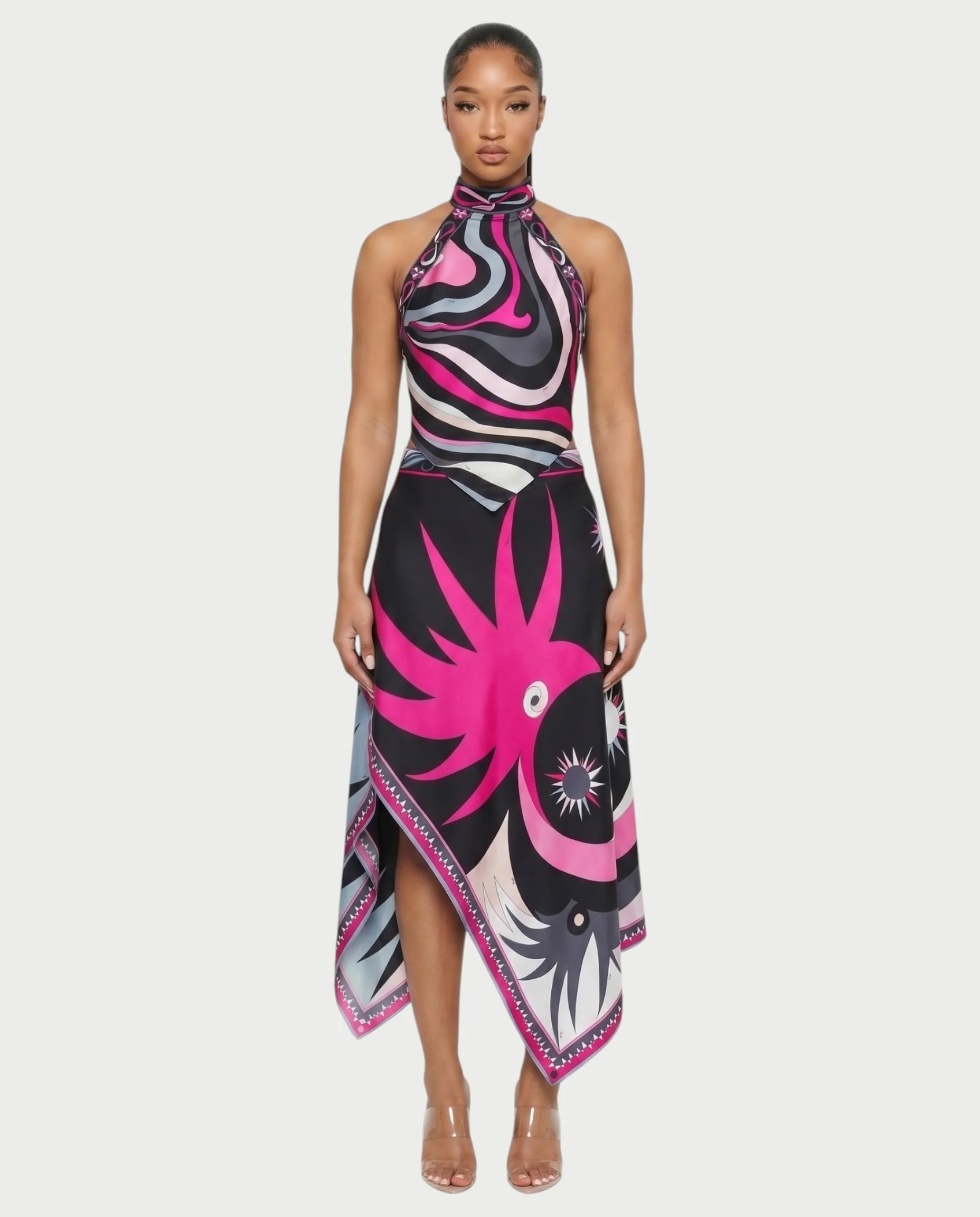 LOLINA Abstract Print Halter Top & Asymmetrical Skirt Set