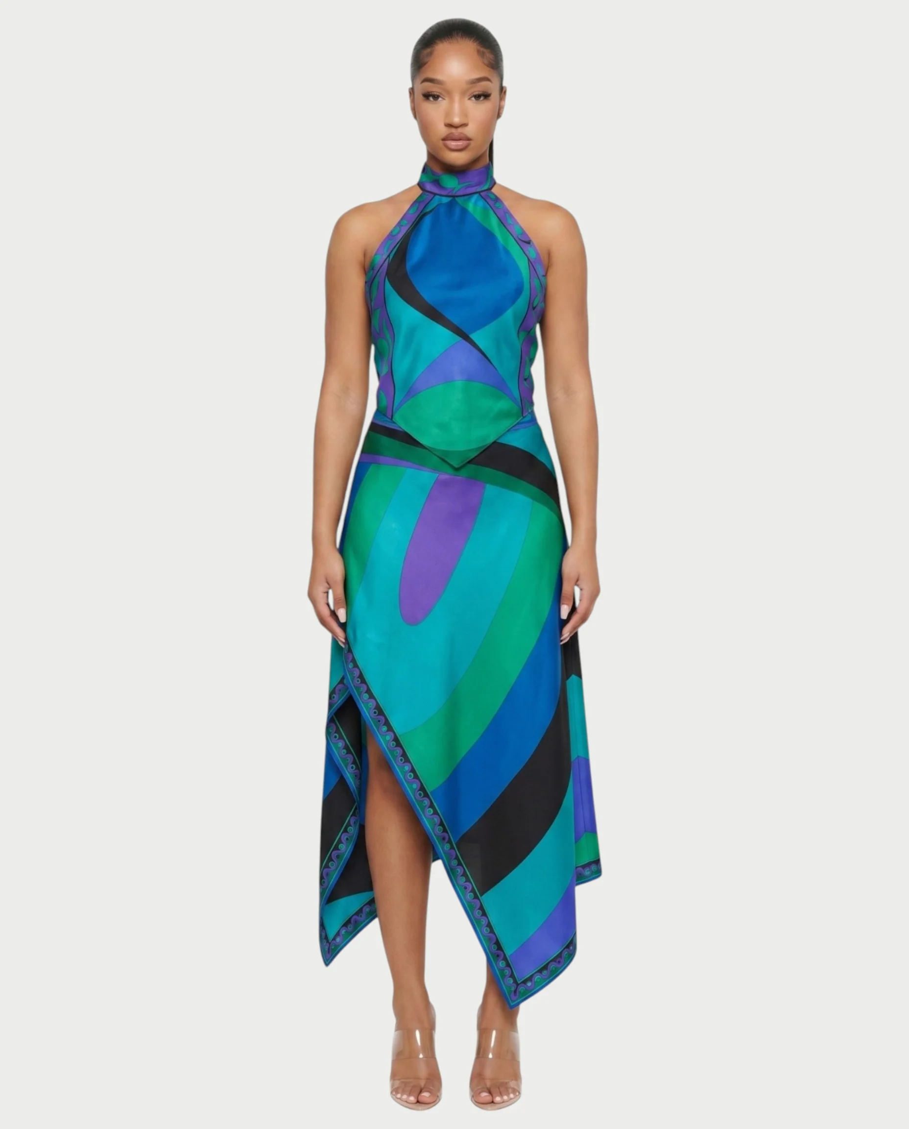 LOLINA Abstract Print Halter Top & Asymmetrical Skirt Set - Image 13
