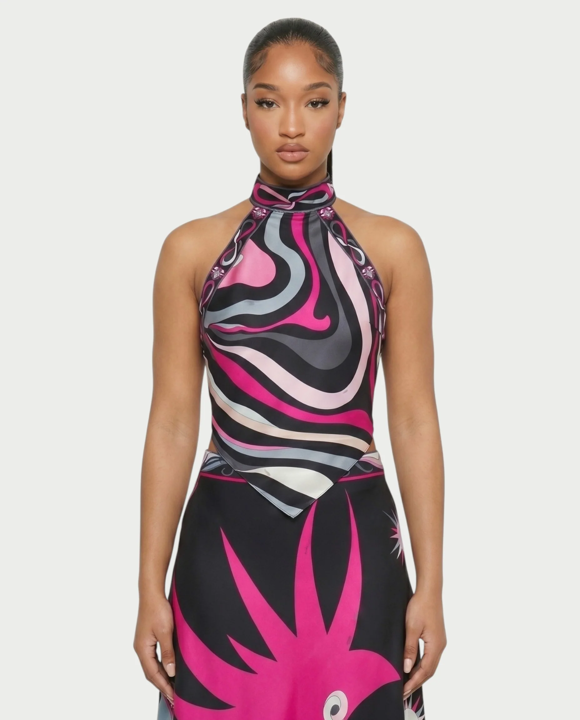 LOLINA Abstract Print Halter Top & Asymmetrical Skirt Set - Image 4