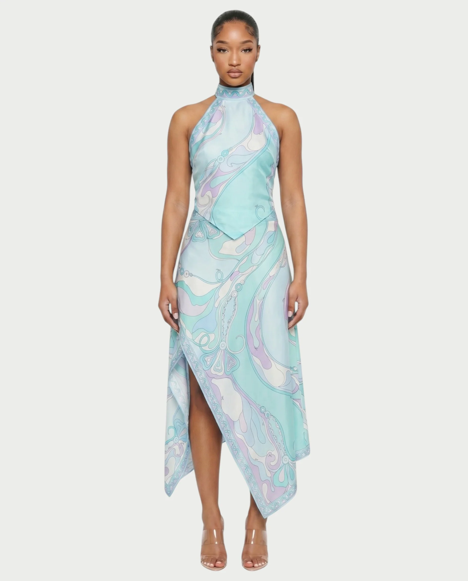 LOLINA Abstract Print Halter Top & Asymmetrical Skirt Set - Image 7