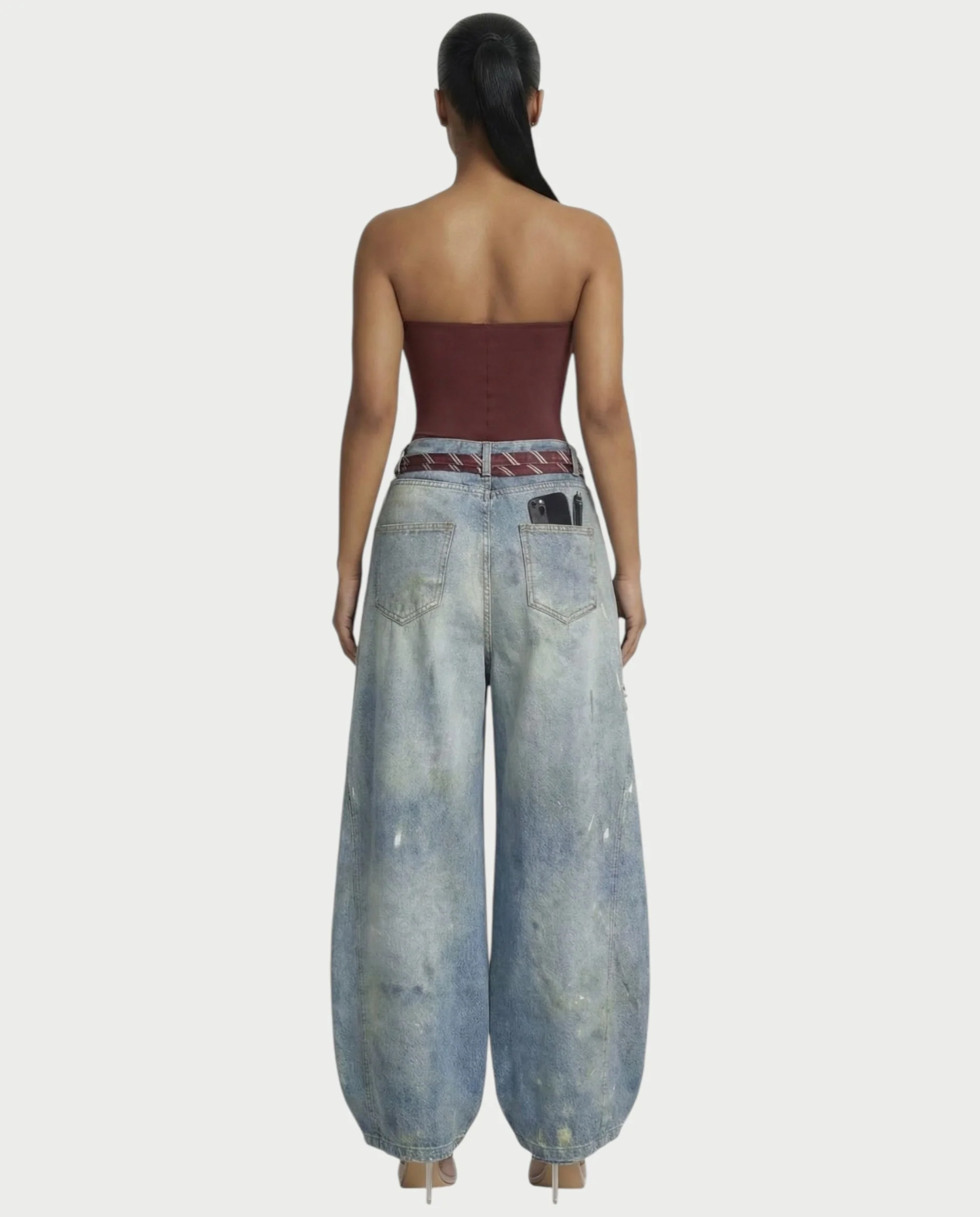 LORETA Graphic Tie Oversized Denim Pants - Image 2