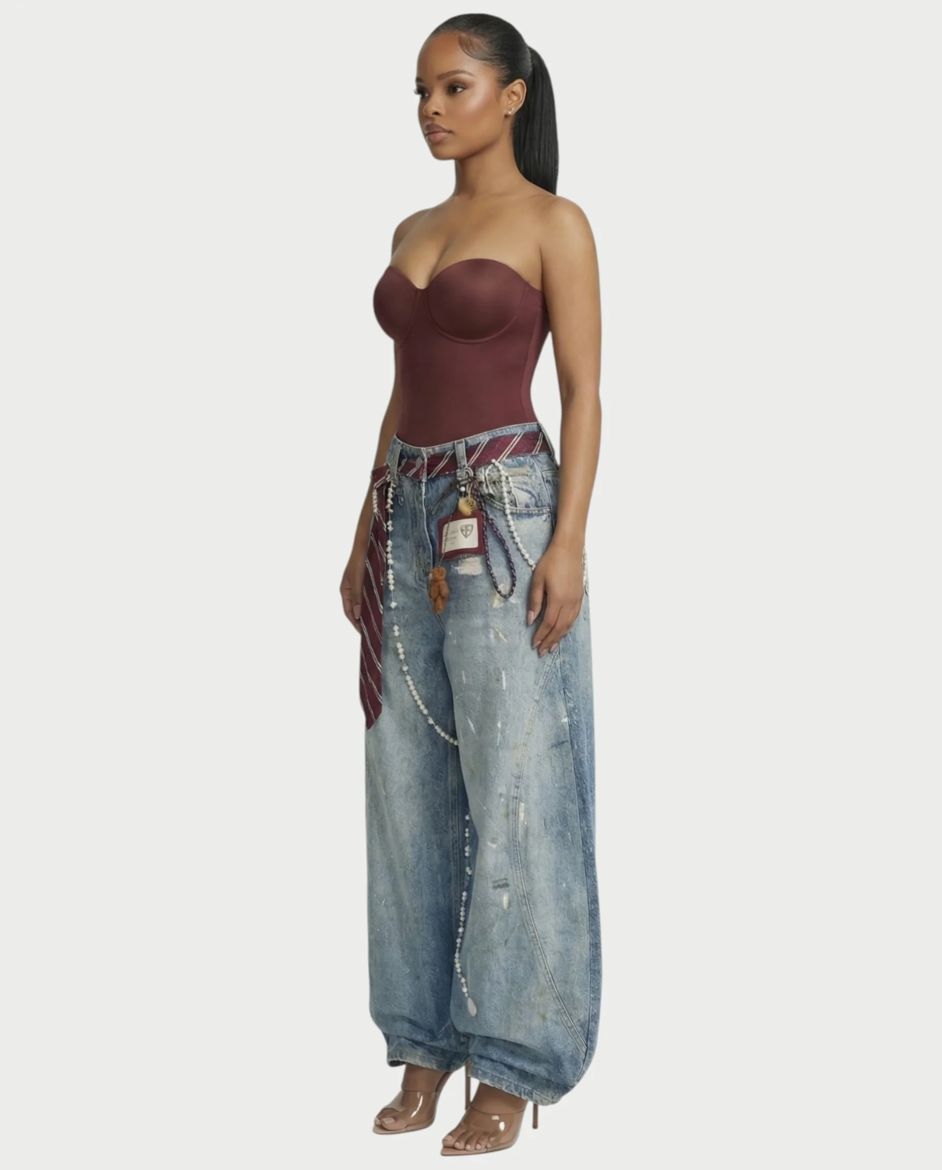 LORETA Graphic Tie Oversized Denim Pants - Image 3