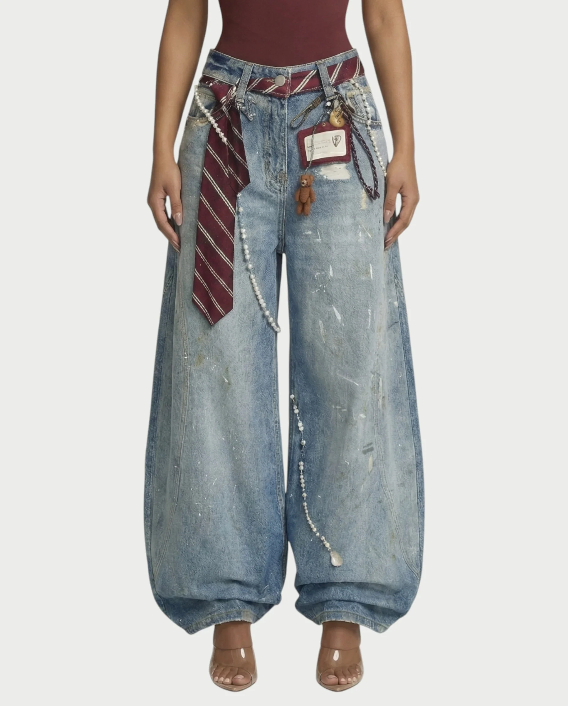 LORETA Graphic Tie Oversized Denim Pants - Image 4