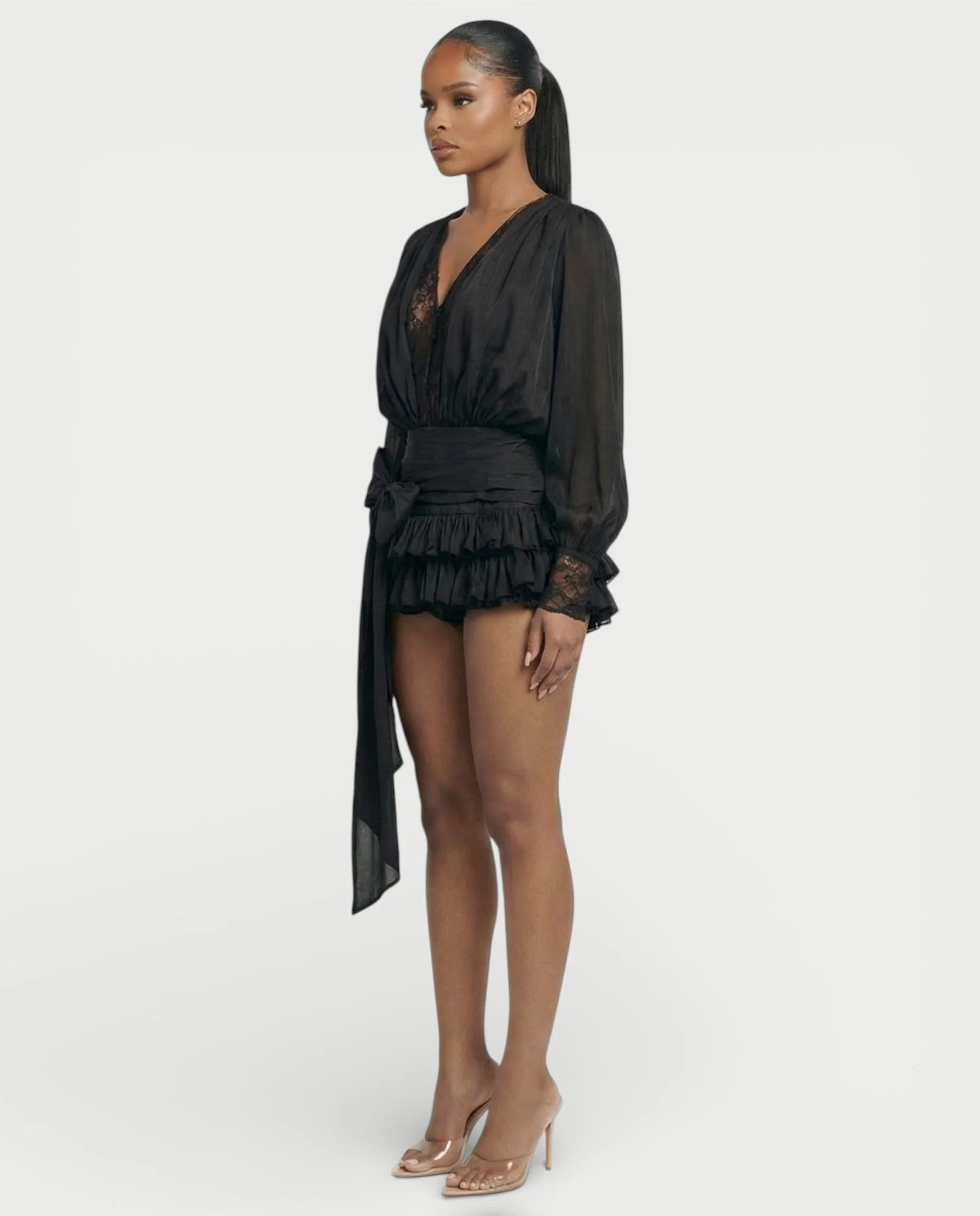LORIELLE Sheer Lace-Trim V-Neck Chiffon Mini Dress - Image 4