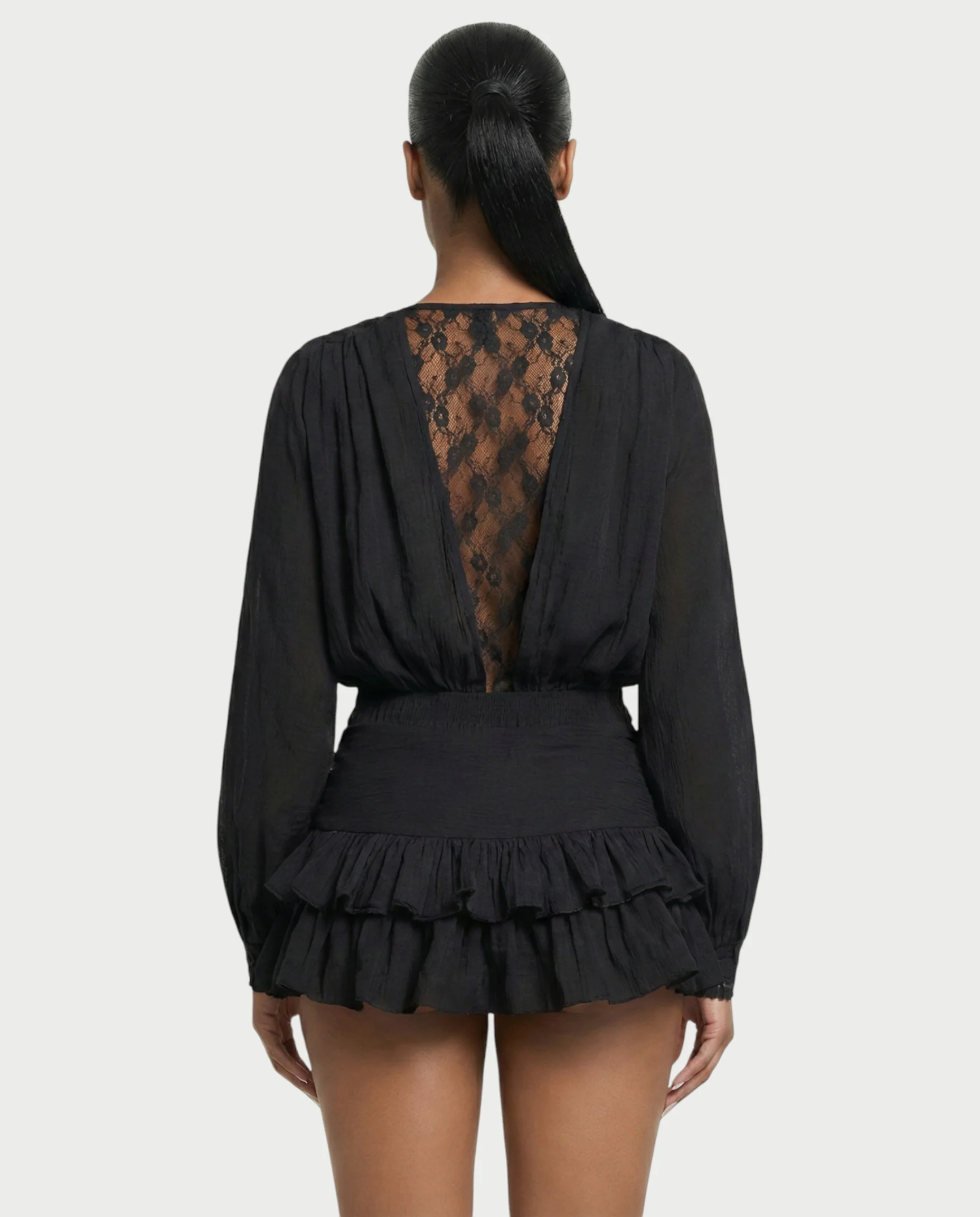 LORIELLE Sheer Lace-Trim V-Neck Chiffon Mini Dress - Image 5