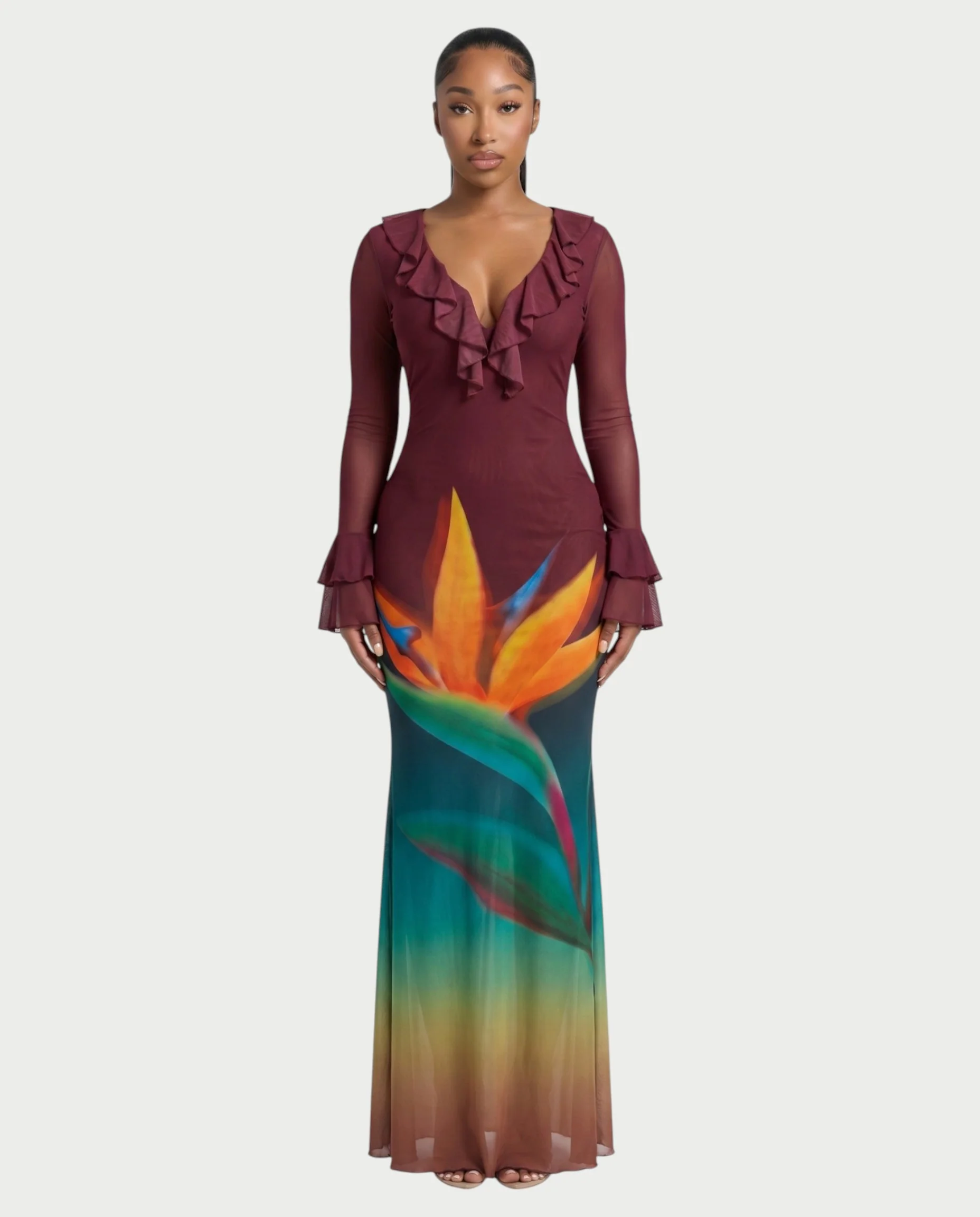LORISSE Ruffle Trim Floral Maxi Dress