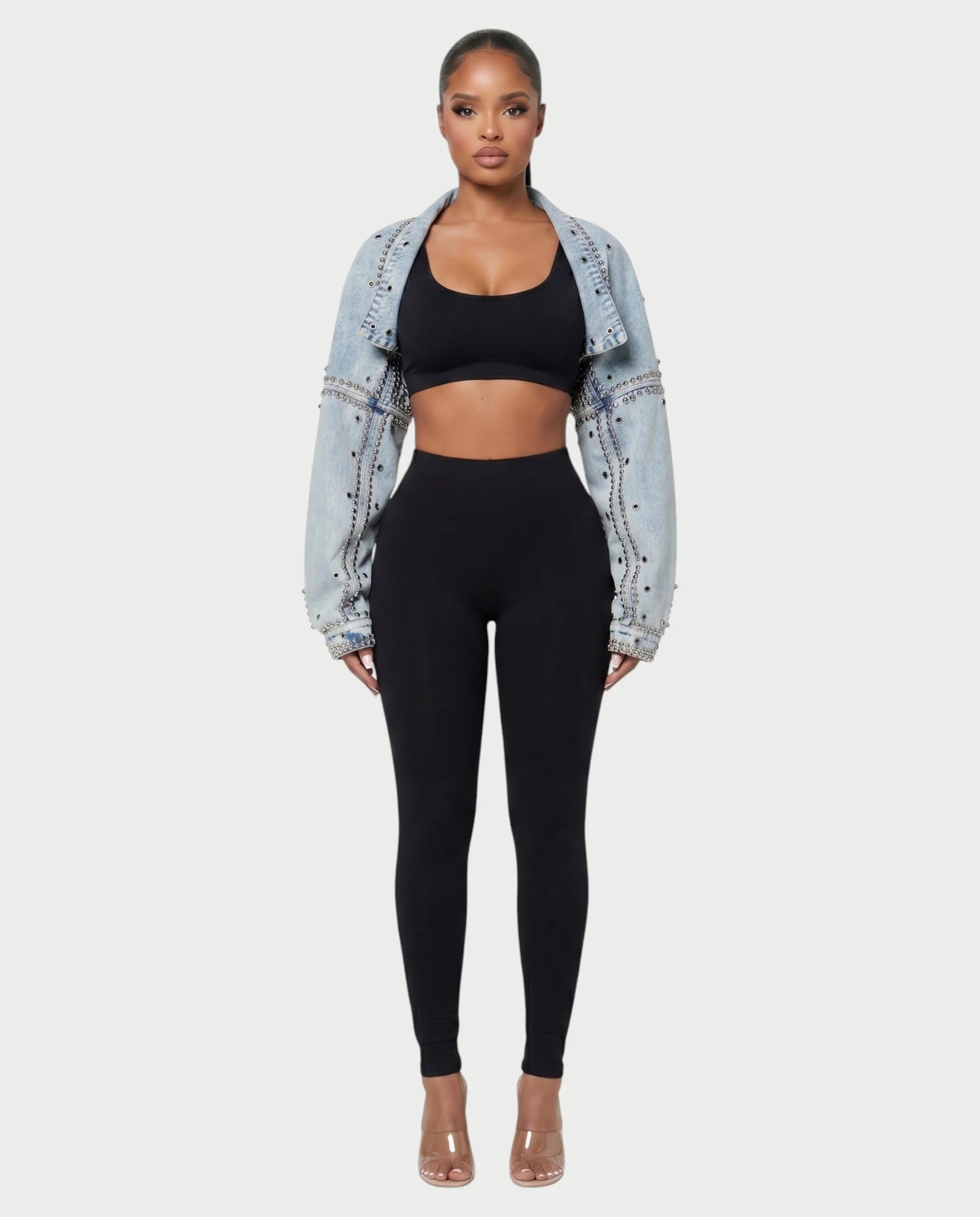 LORVEN Studded Cropped Denim Jacket