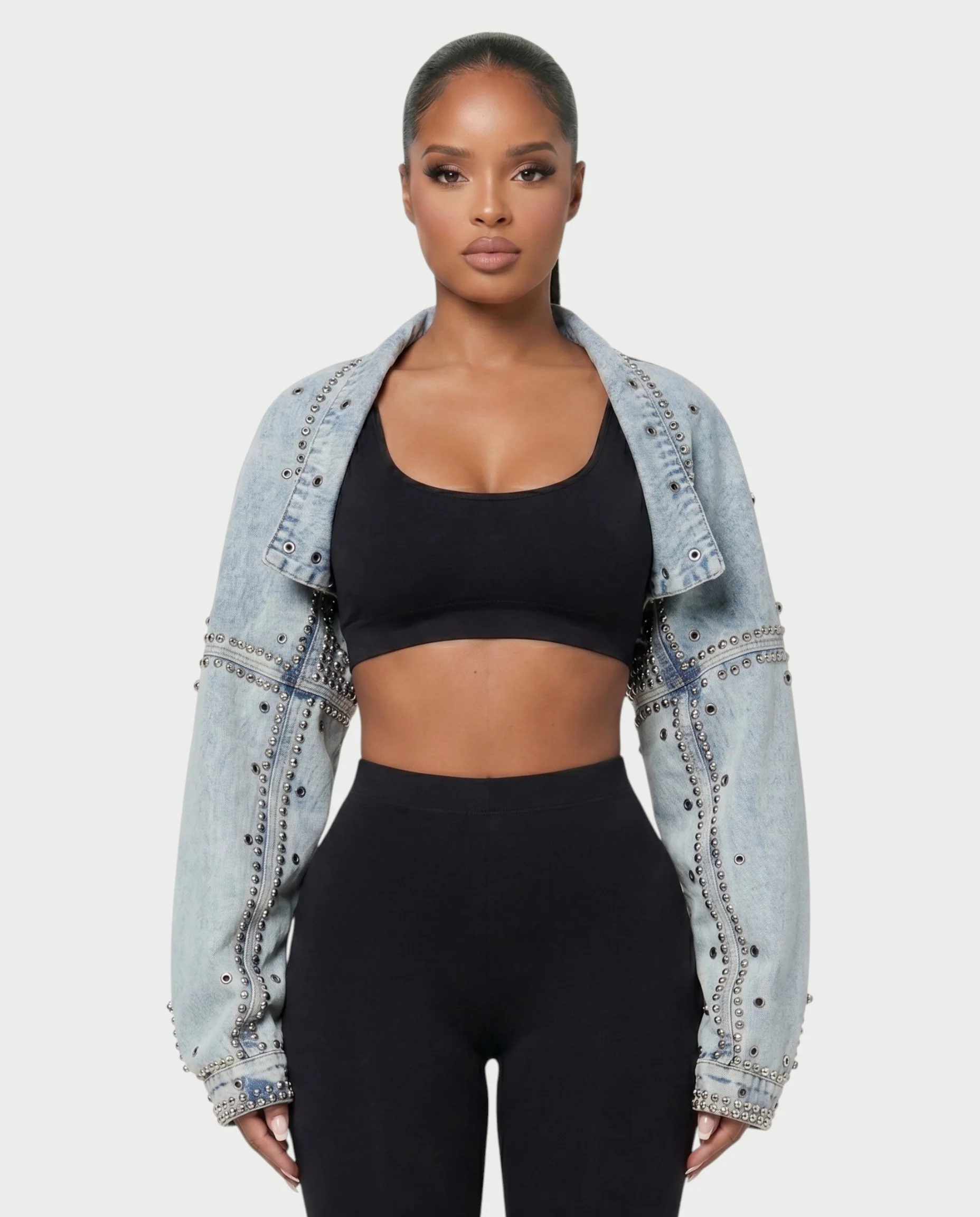 LORVEN Studded Cropped Denim Jacket - Image 4