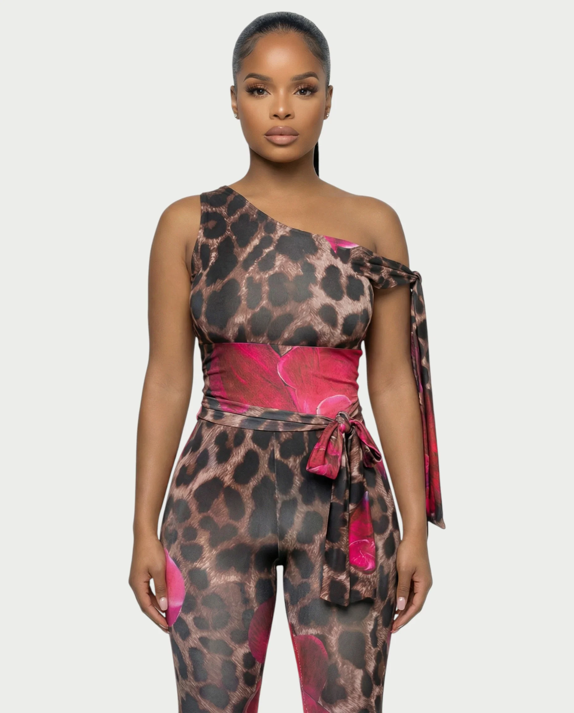 LUJILLE One-Shoulder Floral Leopard Jumpsuit - Image 4