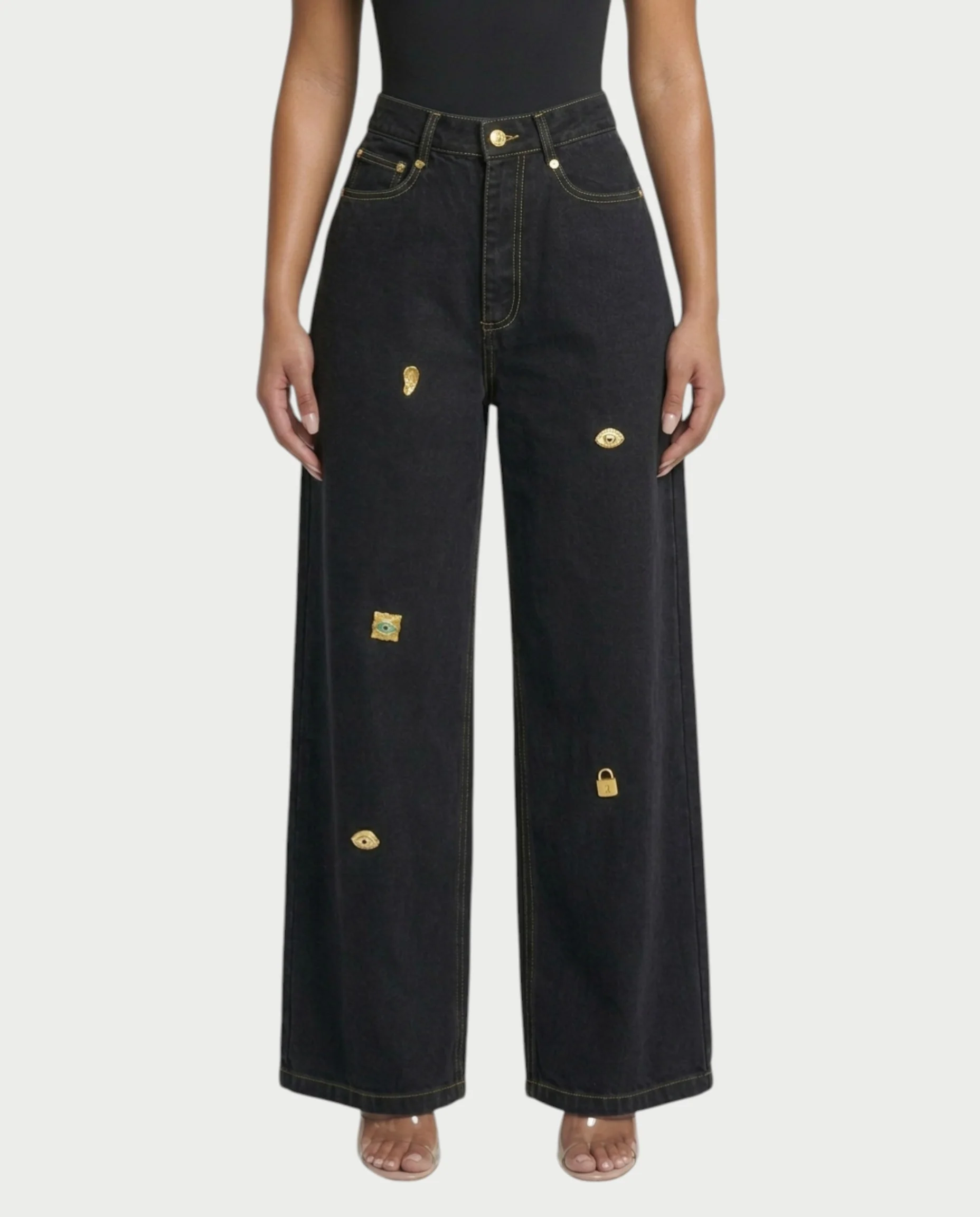 LUNARIA Wide-Leg Gold Motif Denim Pants - Image 4