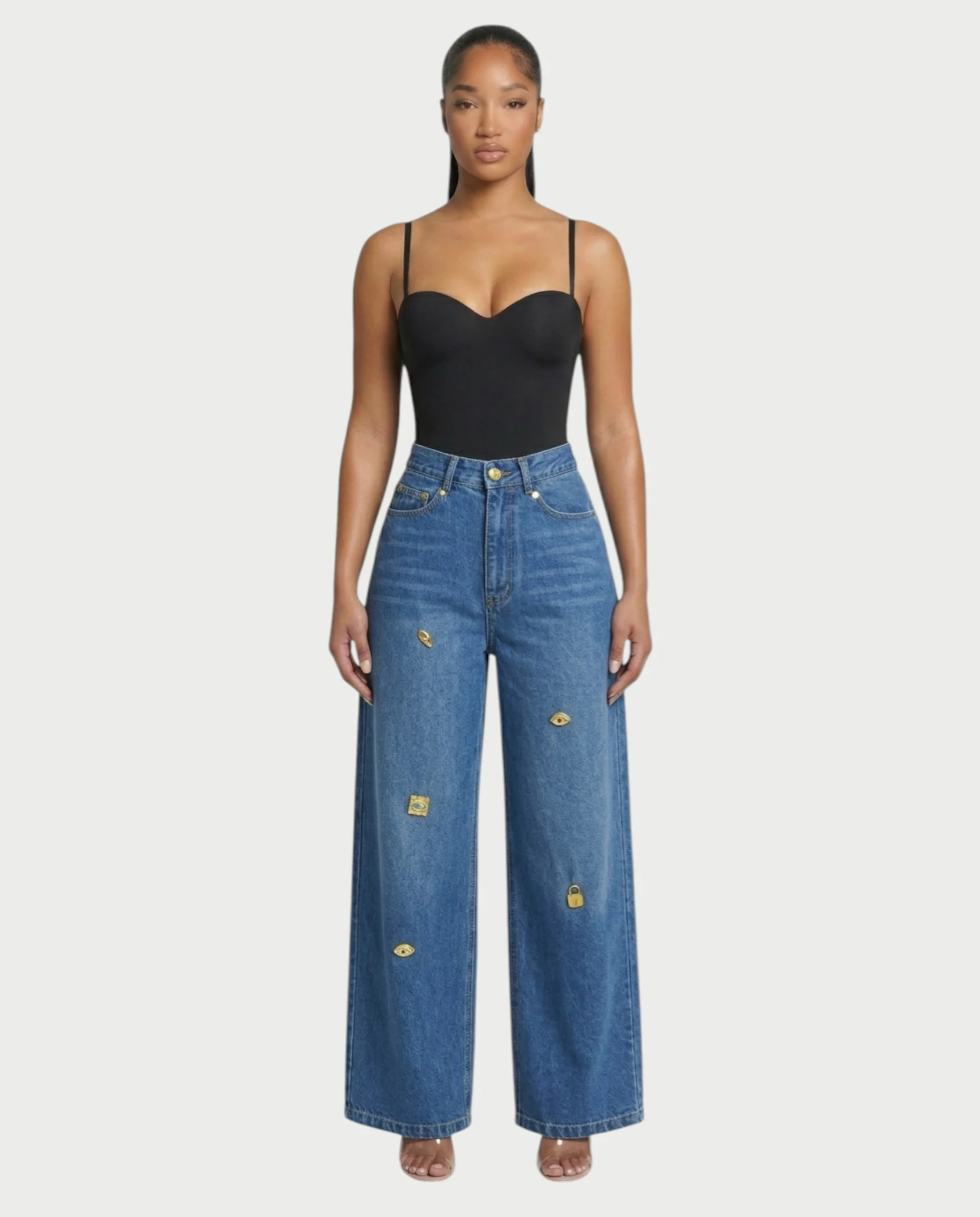 LUNARIA Wide-Leg Gold Motif Denim Pants - Image 6