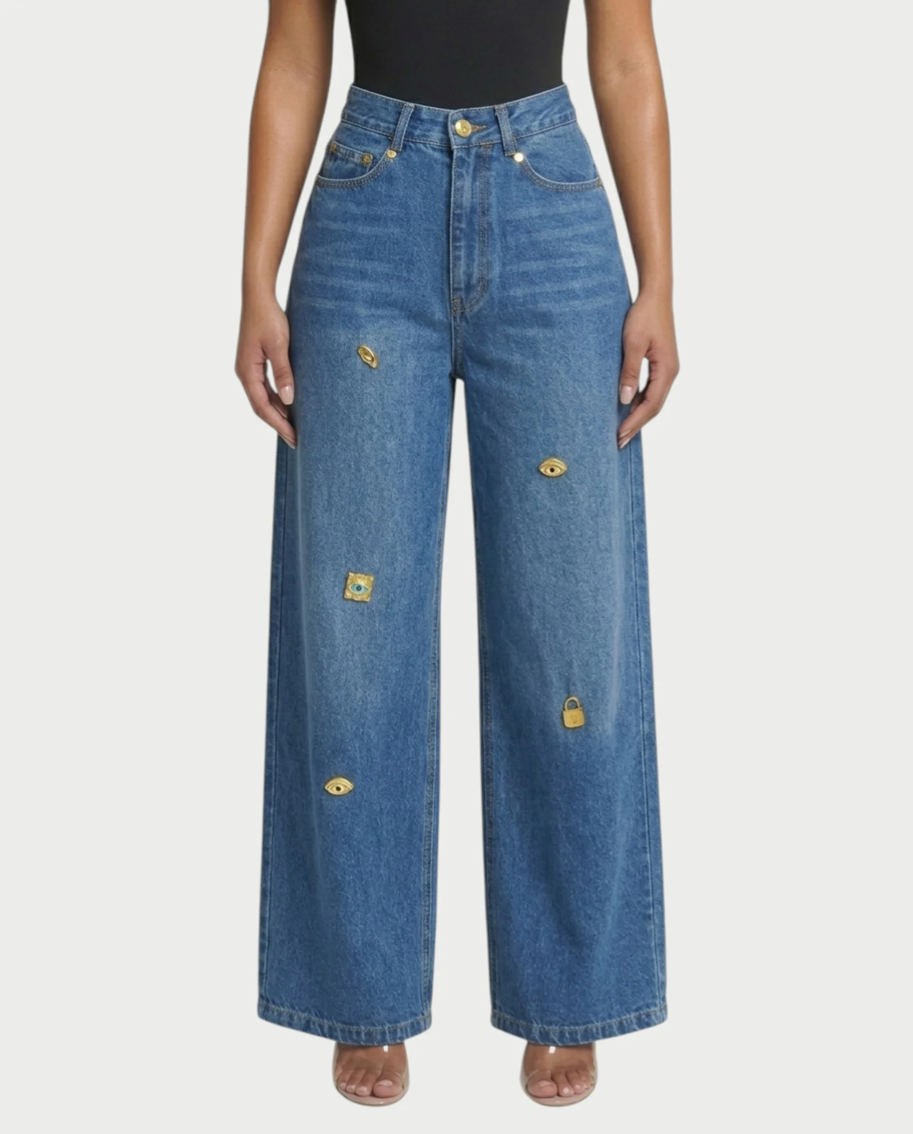 LUNARIA Wide-Leg Gold Motif Denim Pants - Image 9