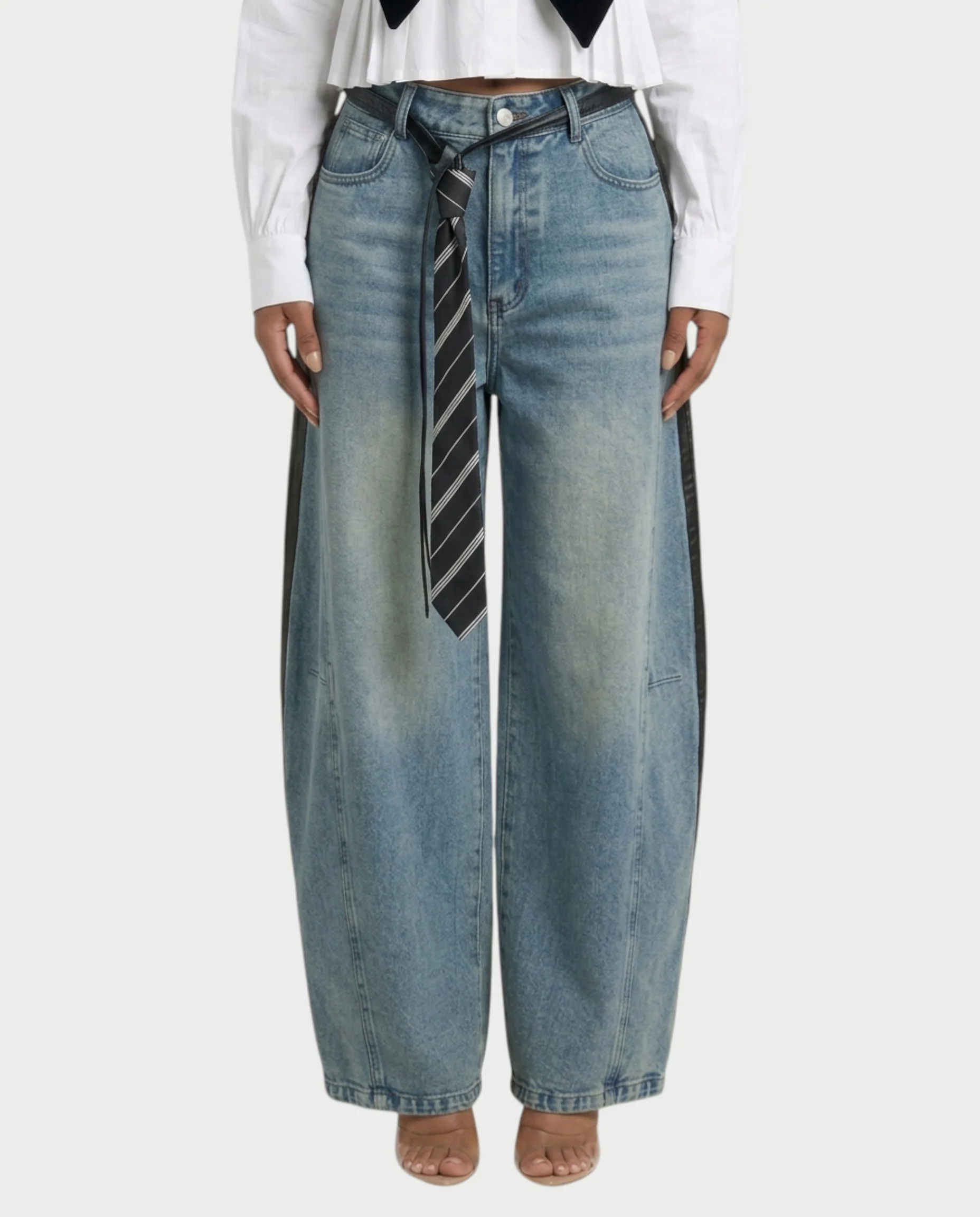 LUVIRA Two-Tone Denim & Faux Leather Pants - Image 4