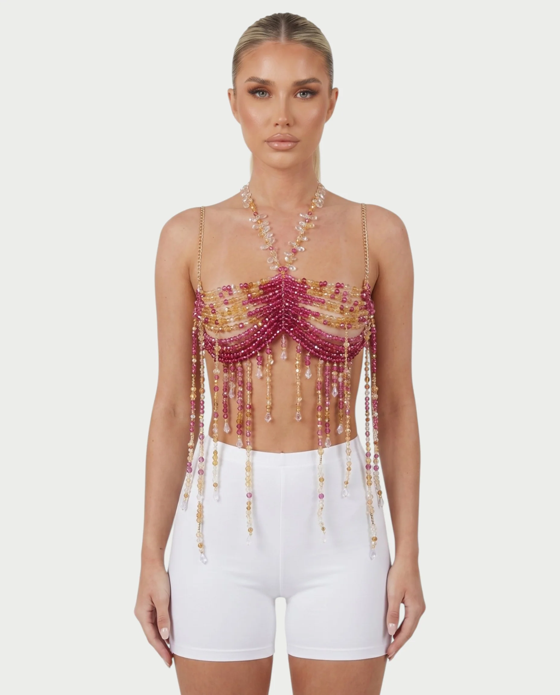 LUYANA Crystal Bead Tassel Chain Bralette Top