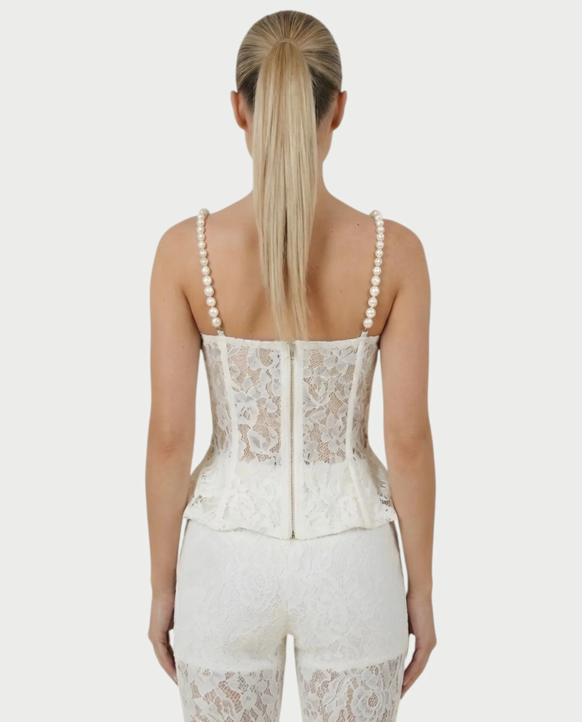 MABELA Sheer Lace Corset Peplum Top & Flared Pants Set - Image 10