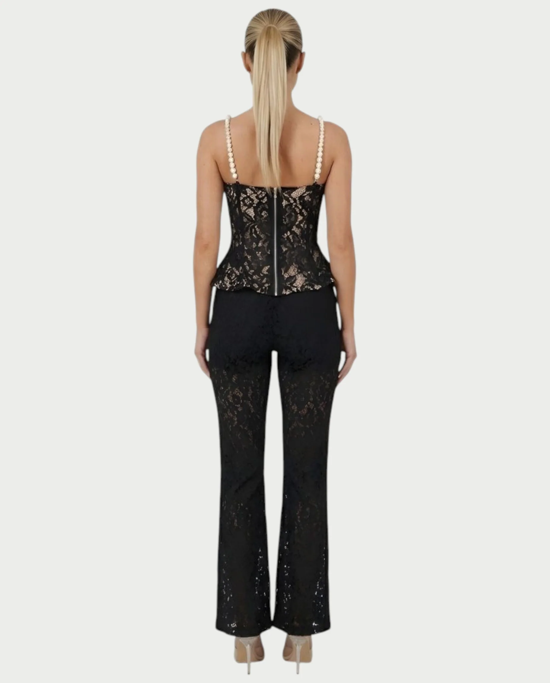 MABELA Sheer Lace Corset Peplum Top & Flared Pants Set - Image 2