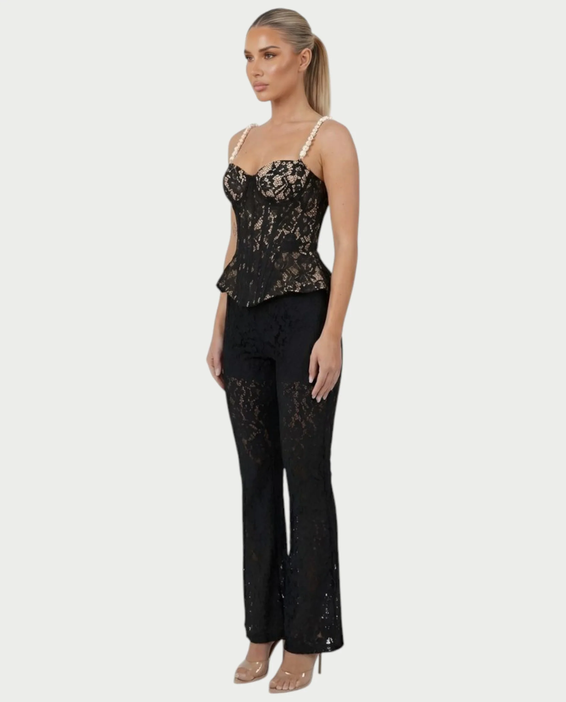 MABELA Sheer Lace Corset Peplum Top & Flared Pants Set - Image 3