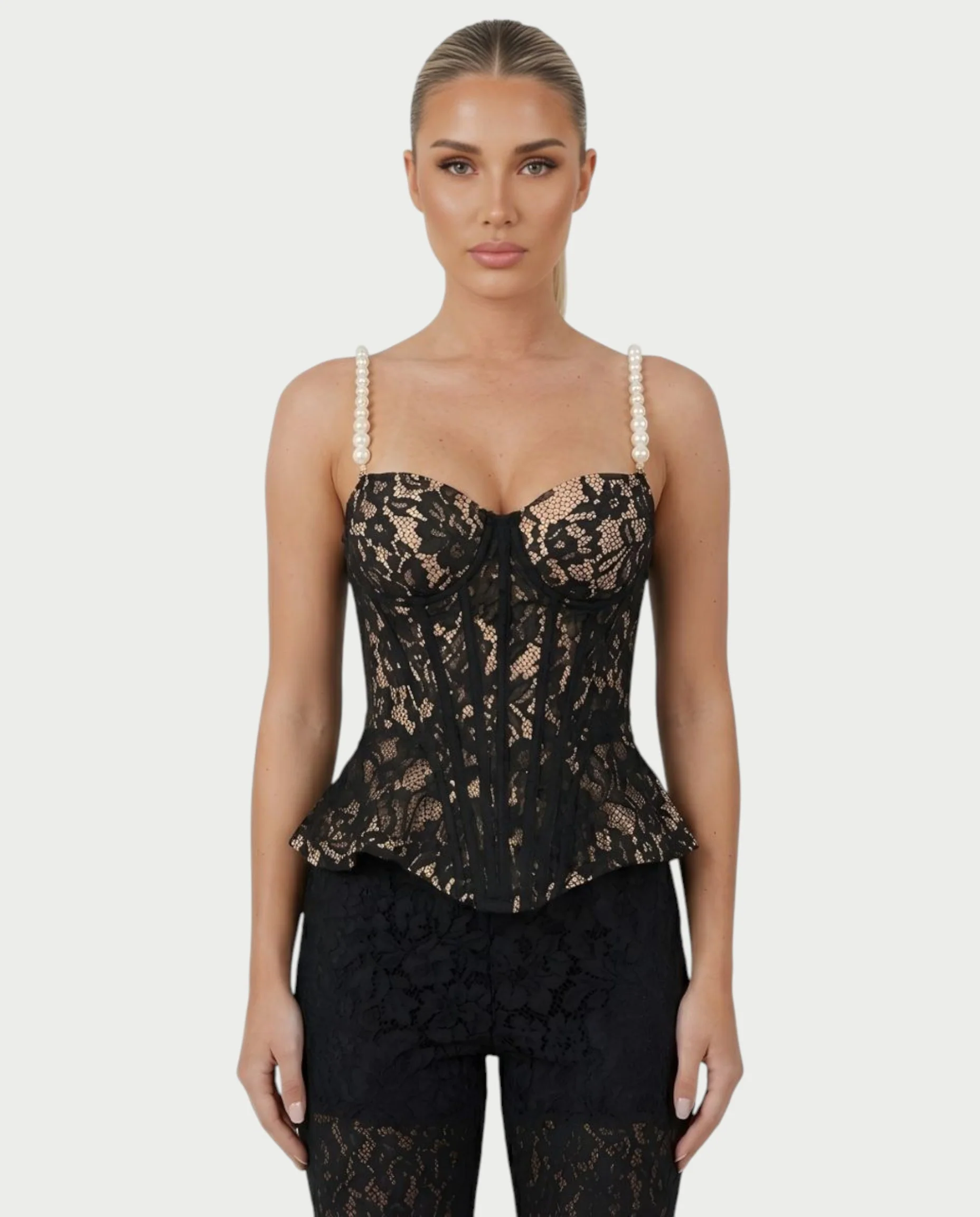 MABELA Sheer Lace Corset Peplum Top & Flared Pants Set - Image 4