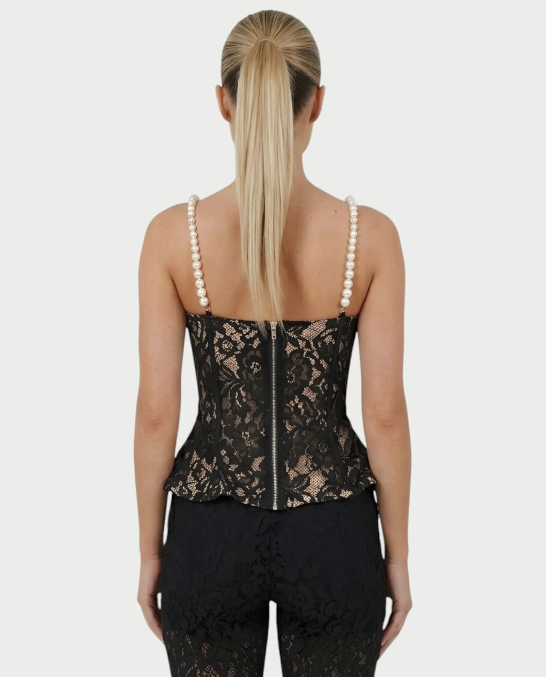 MABELA Sheer Lace Corset Peplum Top & Flared Pants Set - Image 5