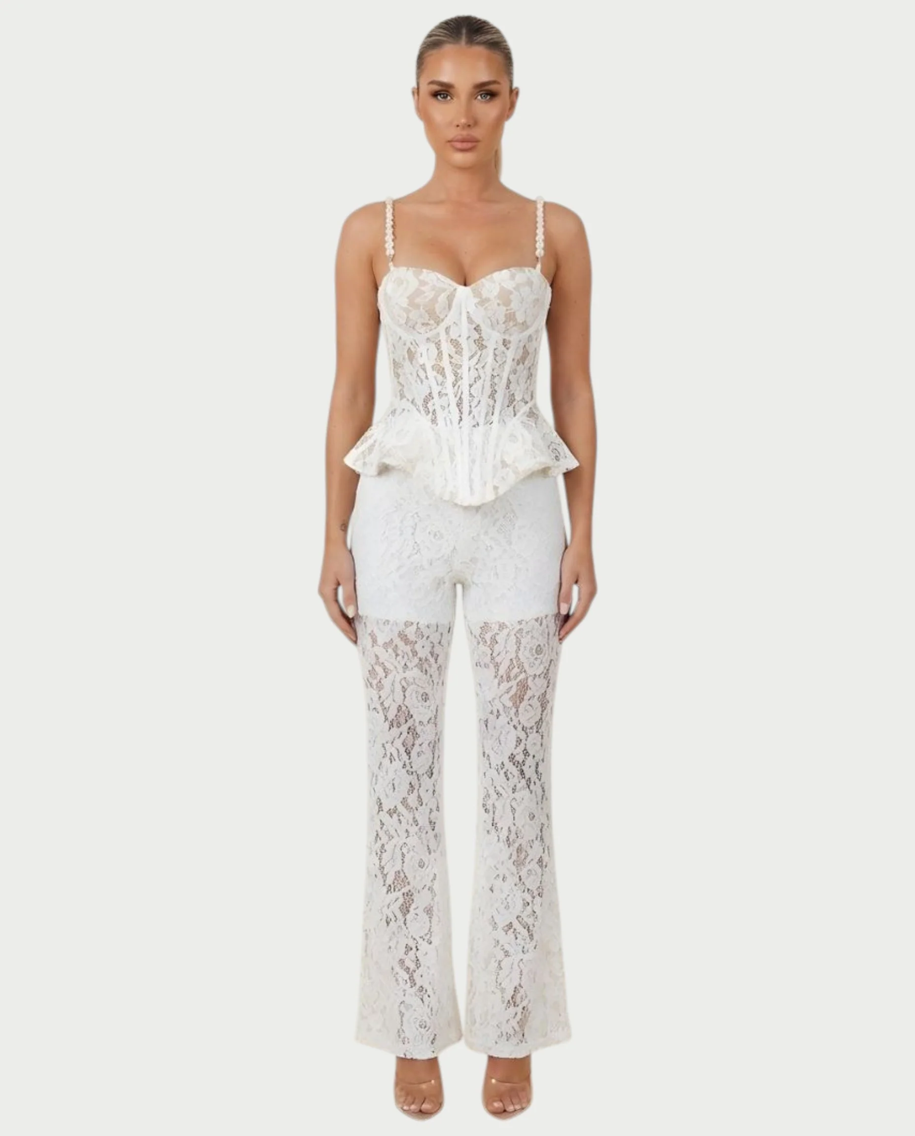 MABELA Sheer Lace Corset Peplum Top & Flared Pants Set - Image 6