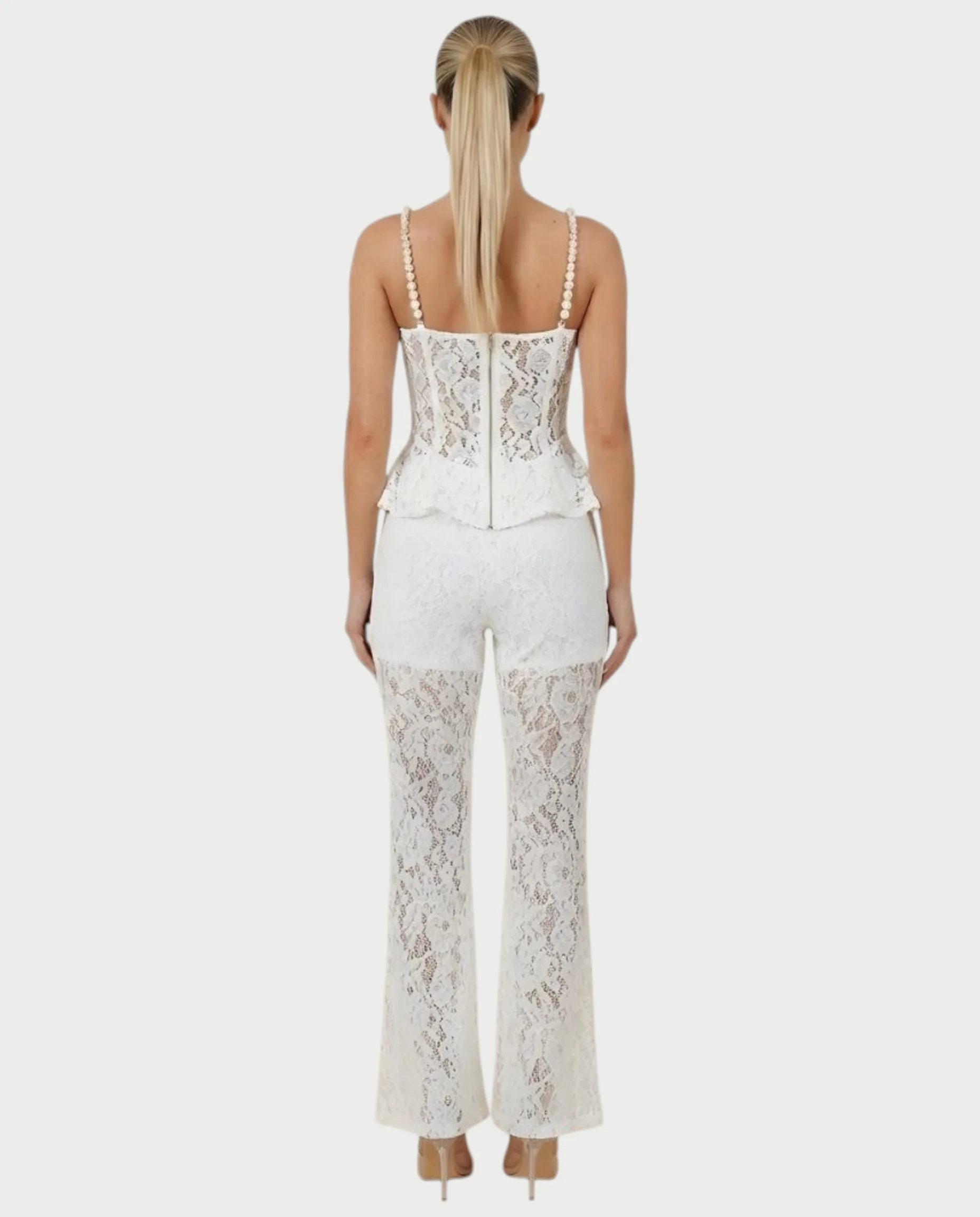 MABELA Sheer Lace Corset Peplum Top & Flared Pants Set - Image 7