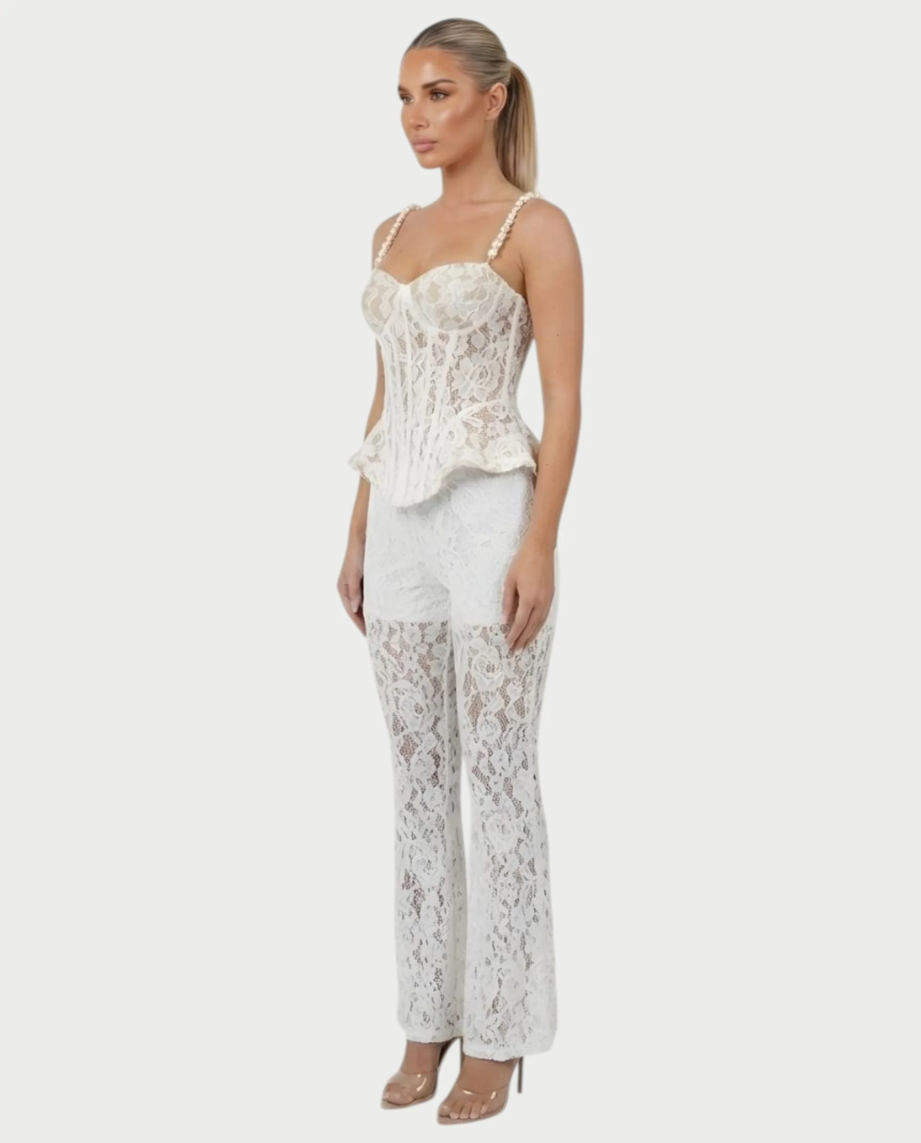 MABELA Sheer Lace Corset Peplum Top & Flared Pants Set - Image 8