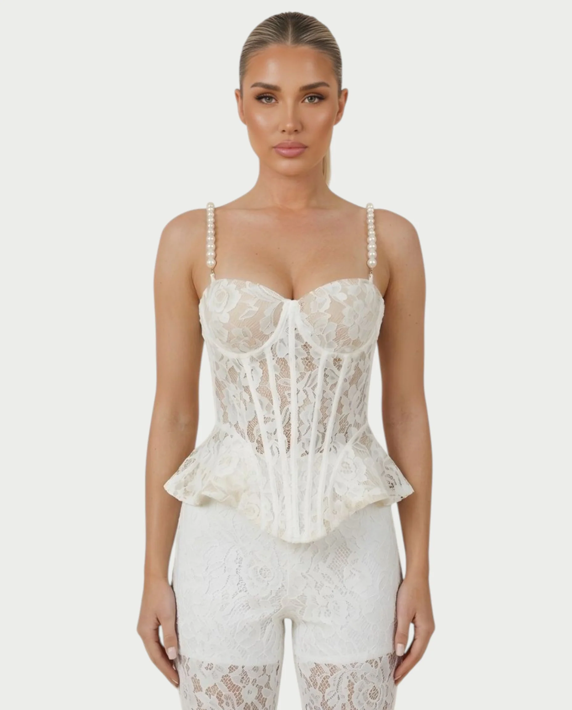 MABELA Sheer Lace Corset Peplum Top & Flared Pants Set - Image 9