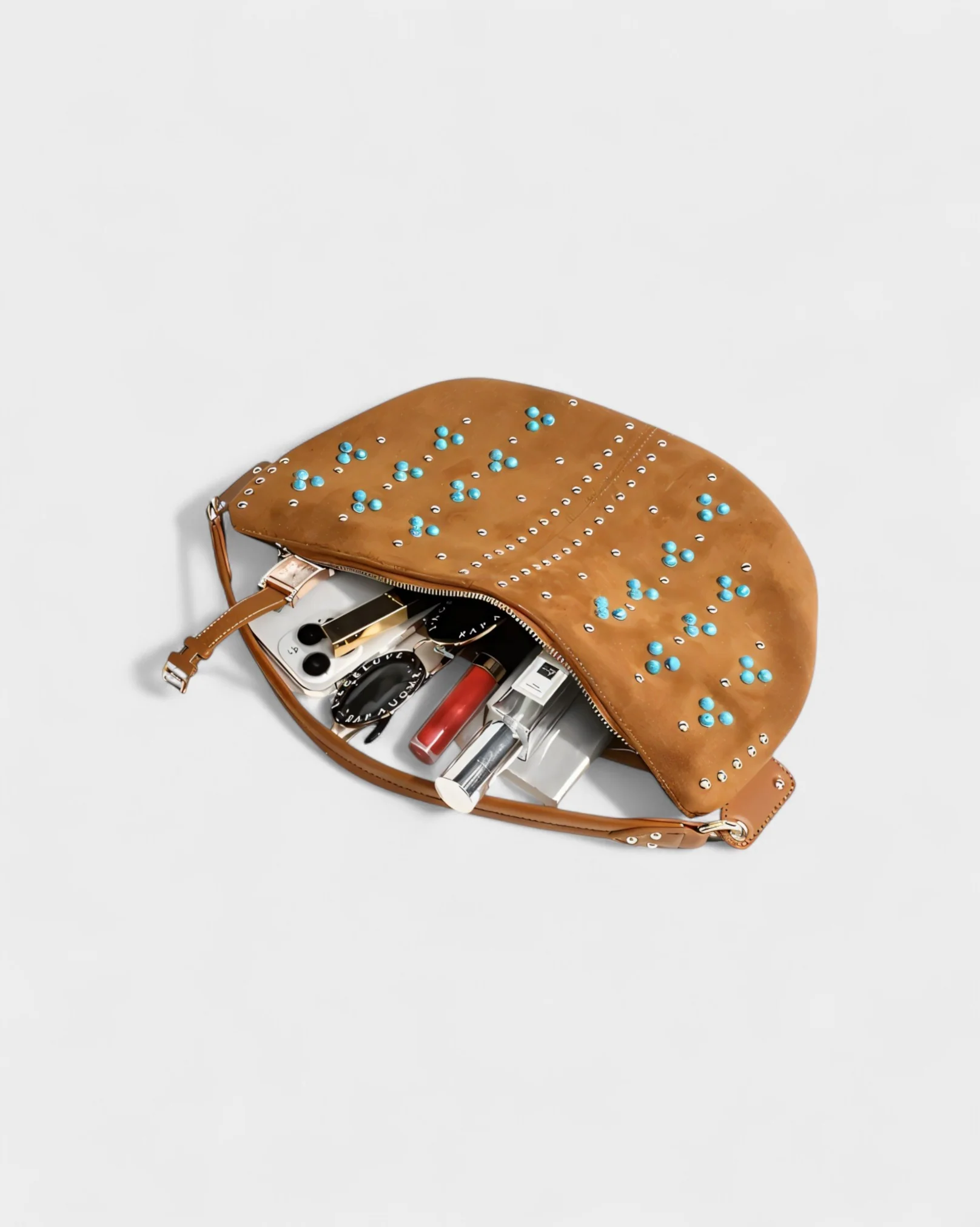 MADIE Turquoise Embellished Brown Suede Hobo Bag - Image 4