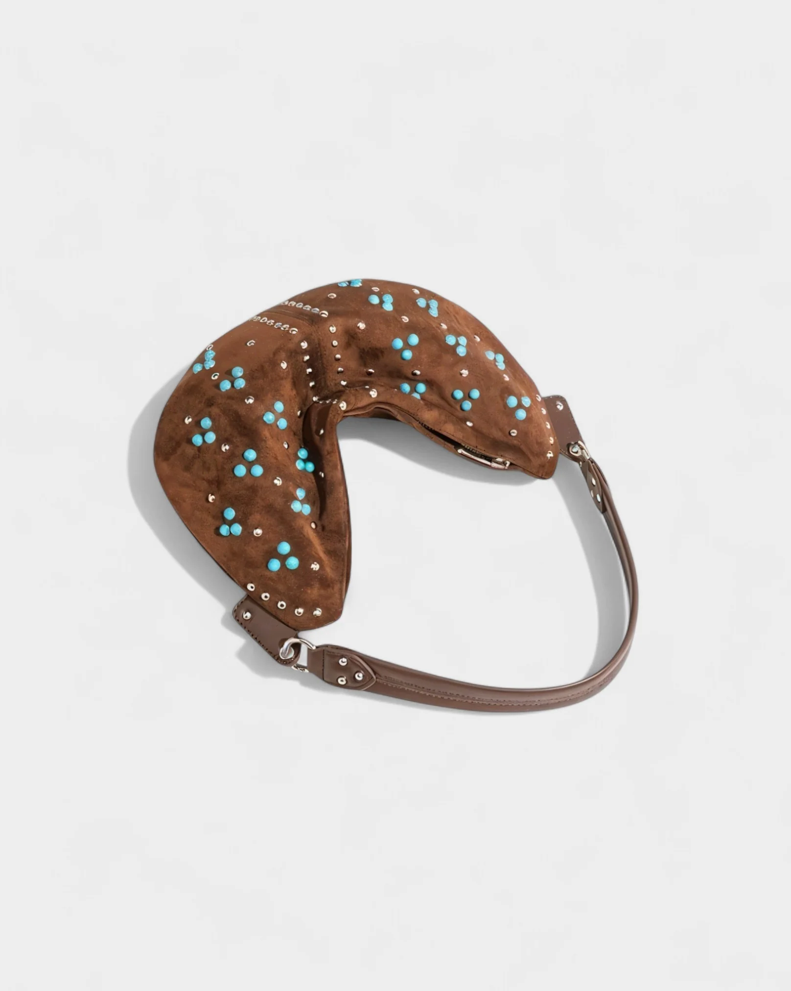 MADIE Turquoise Embellished Brown Suede Hobo Bag - Image 7