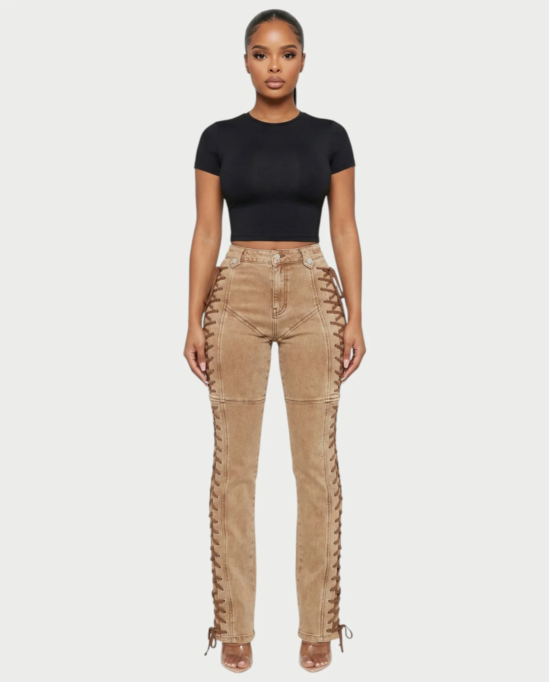 MAEVA Lace-Up Side Detail High-Waist Straight-Leg Pants - Image 3