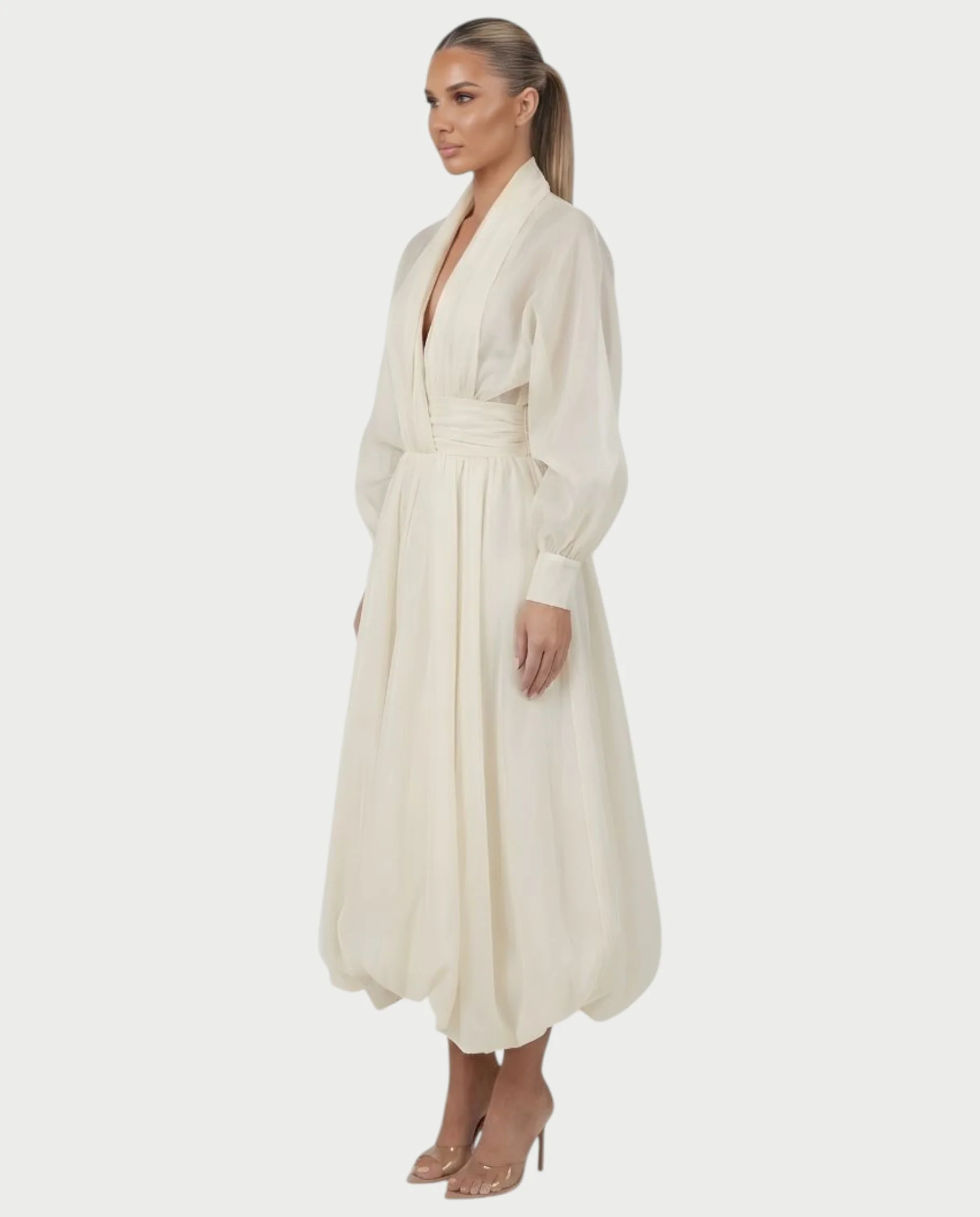 MARELA Cream White Draped Tulle Maxi Dress - Image 3