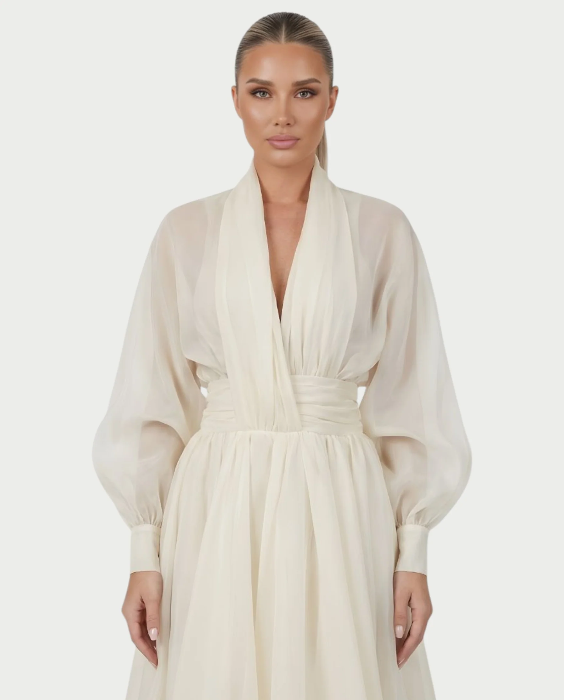 MARELA Cream White Draped Tulle Maxi Dress - Image 4