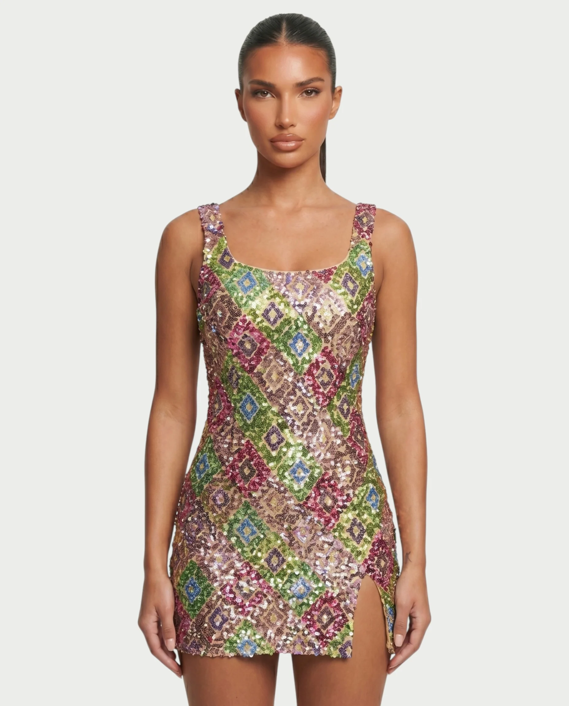 MARIANA Champagne Sequin Diamond Bodycon Mini Dress - Image 4