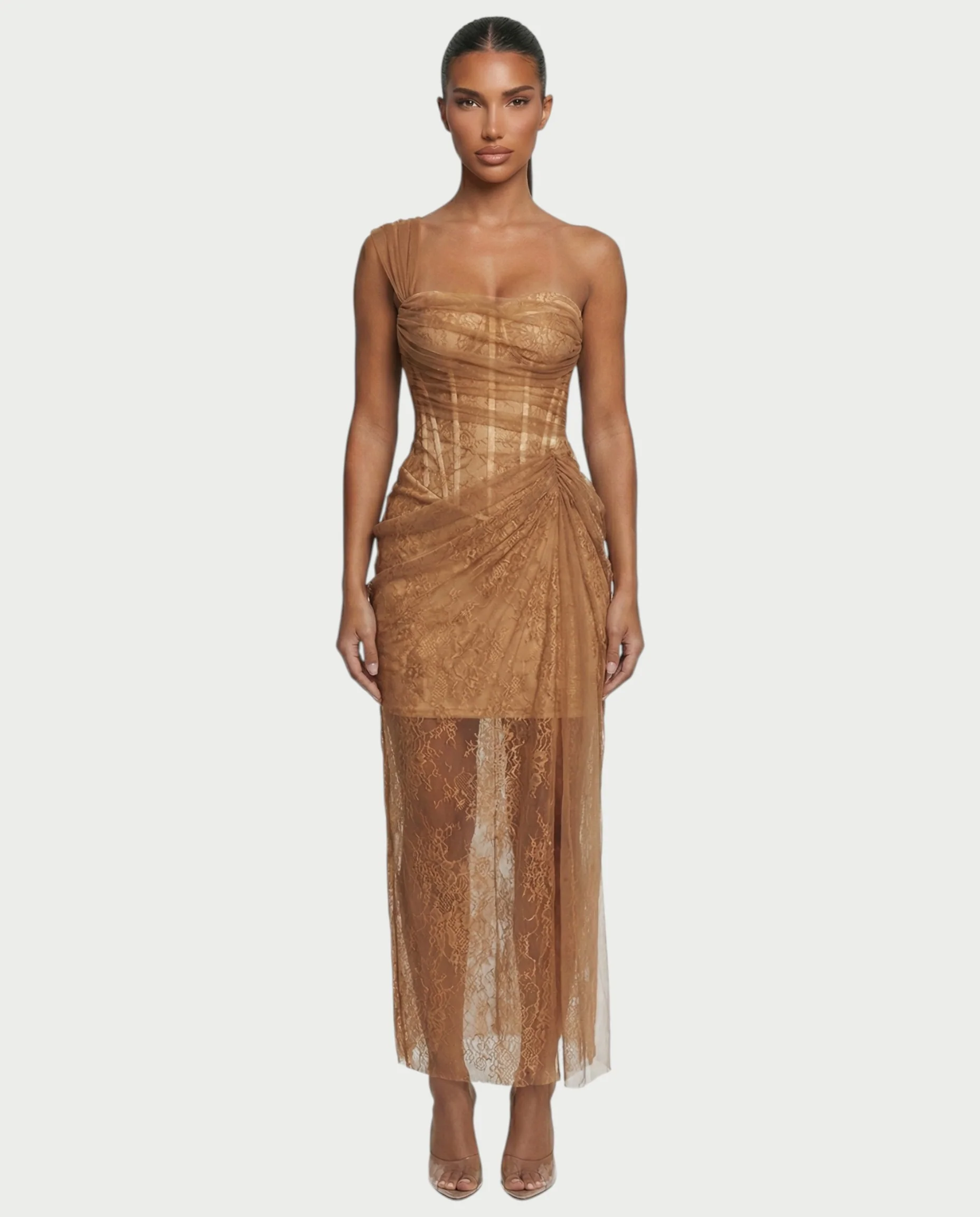 MARIBETH Sheer Lace Corset One-Shoulder Maxi Dress - Image 11