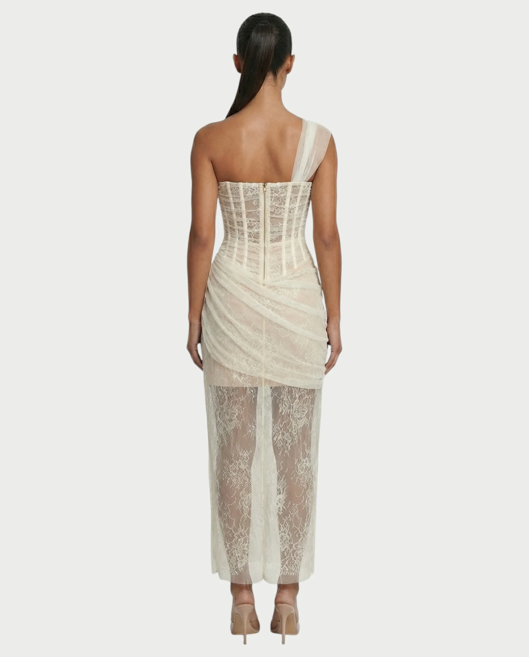 MARIBETH Sheer Lace Corset One-Shoulder Maxi Dress - Image 7