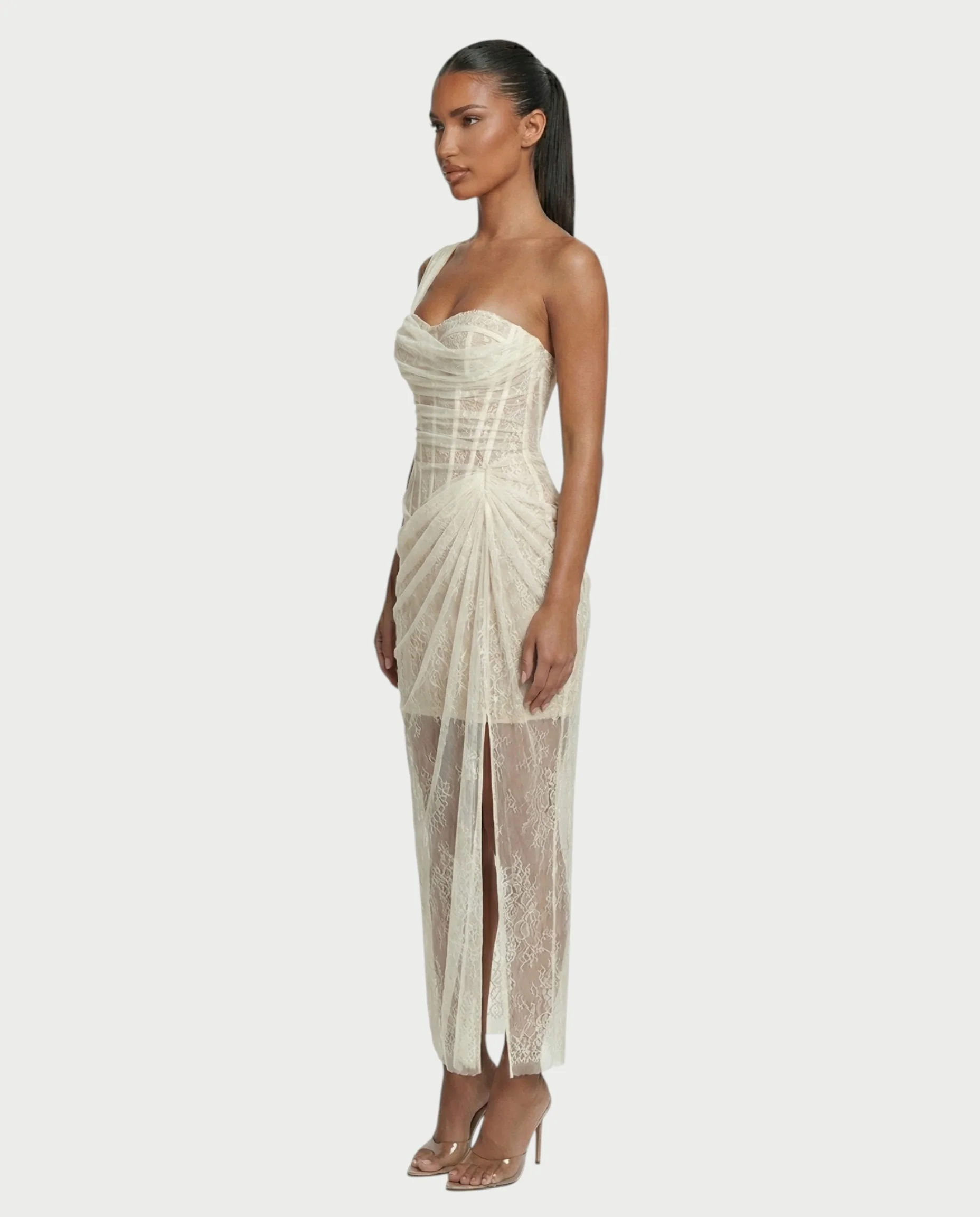 MARIBETH Sheer Lace Corset One-Shoulder Maxi Dress - Image 8