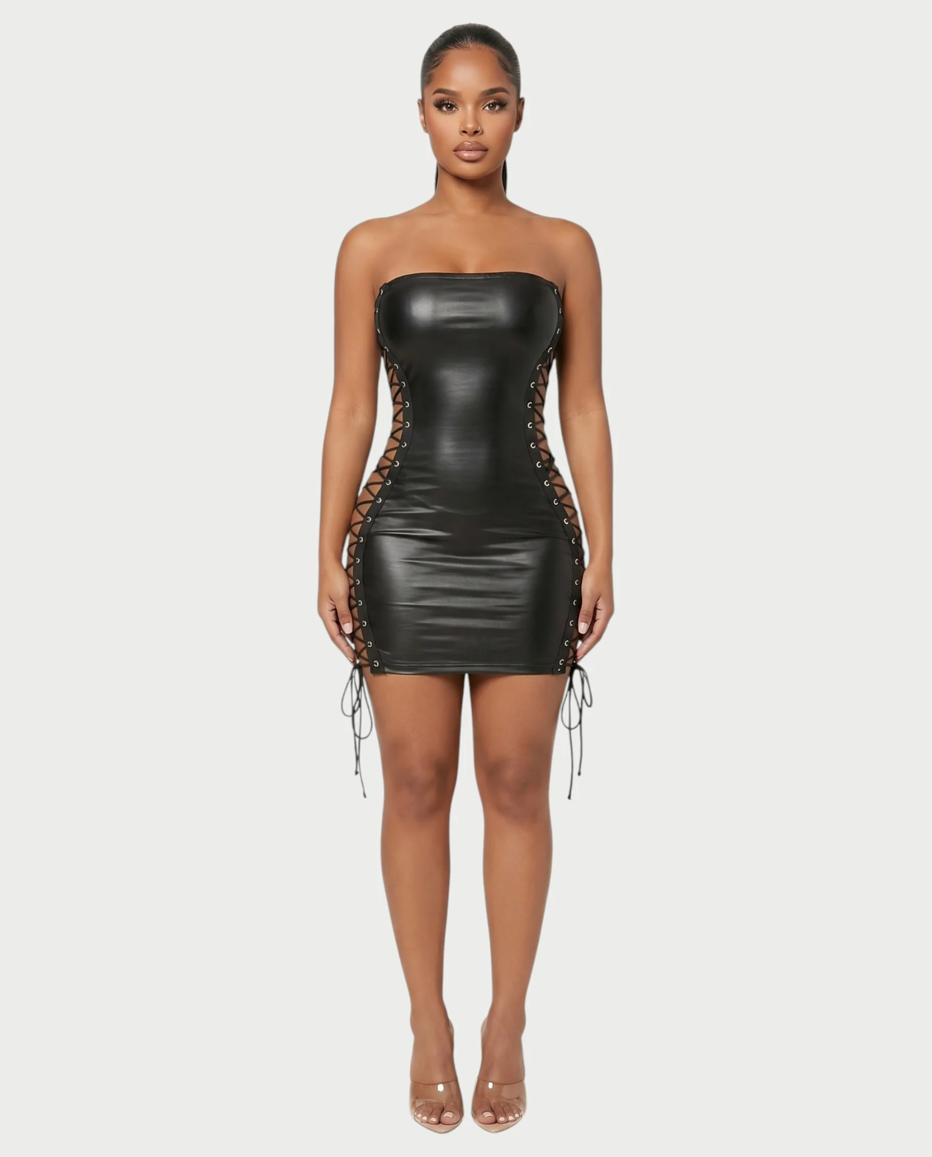 MARLINA Lace-Up Faux Leather Bodycon Mini Dress