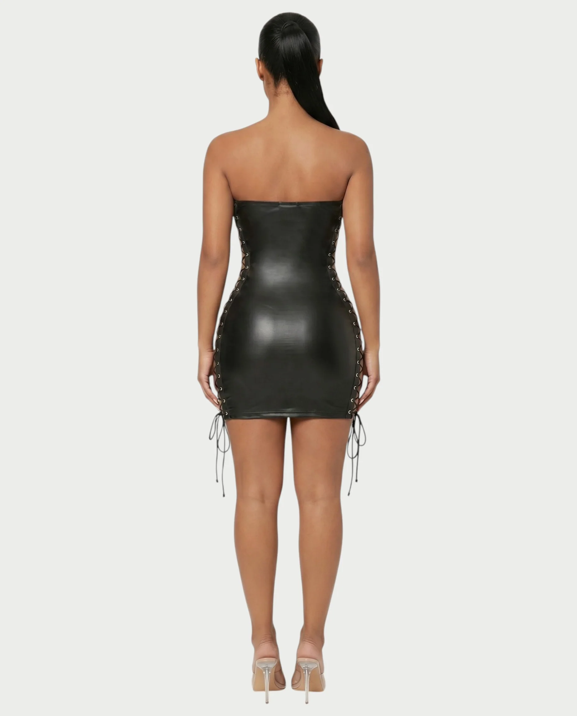 MARLINA Lace-Up Faux Leather Bodycon Mini Dress - Image 2