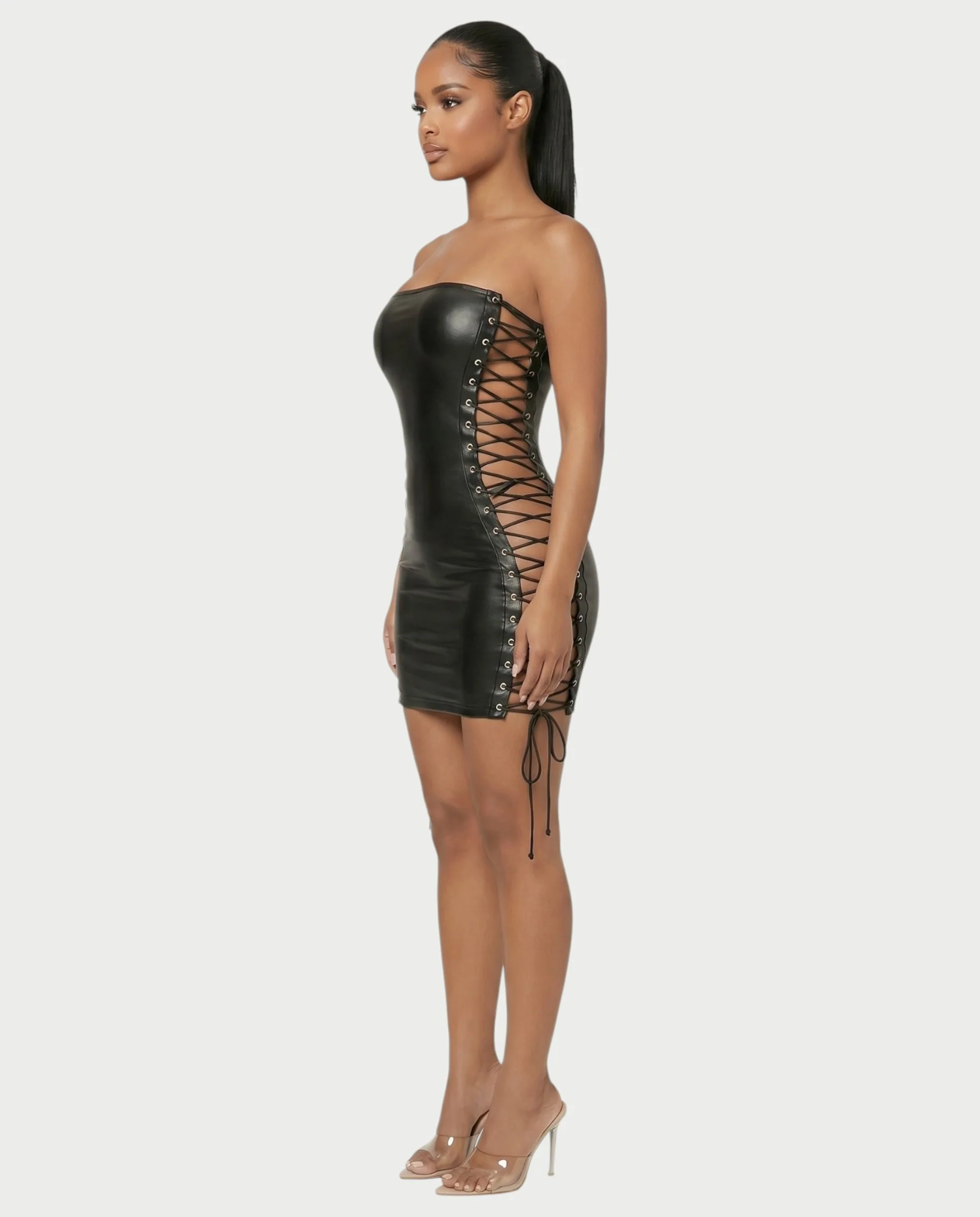 MARLINA Lace-Up Faux Leather Bodycon Mini Dress - Image 3