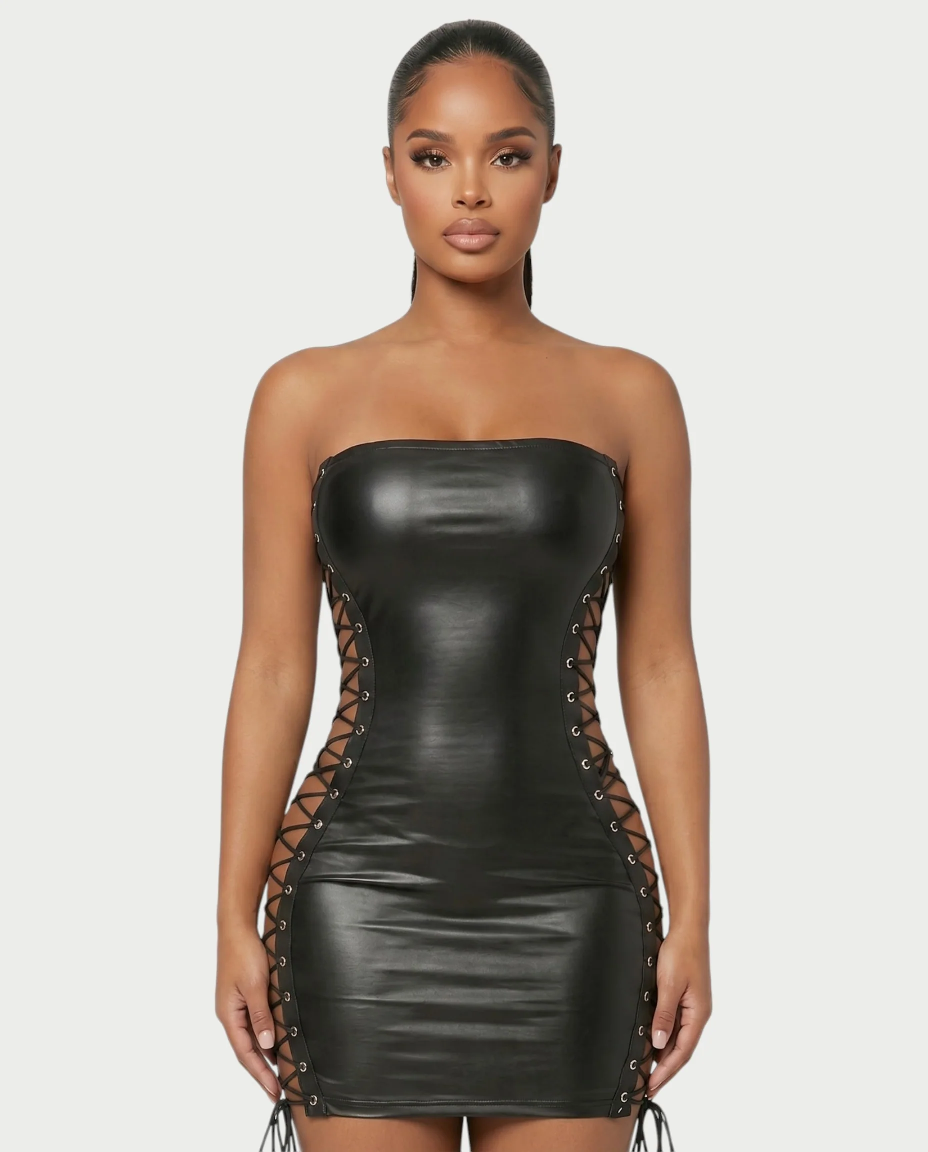 MARLINA Lace-Up Faux Leather Bodycon Mini Dress - Image 4