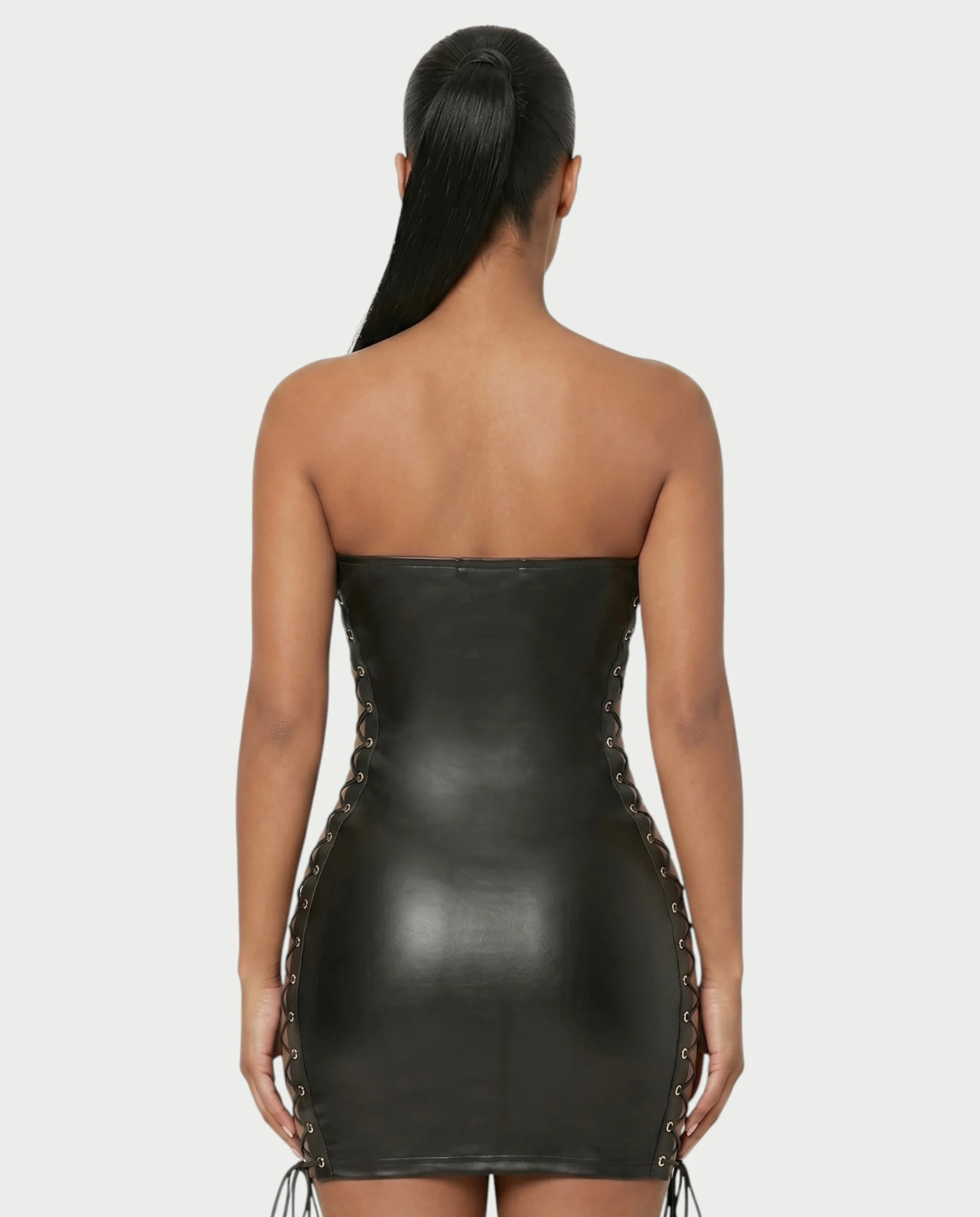 MARLINA Lace-Up Faux Leather Bodycon Mini Dress - Image 5